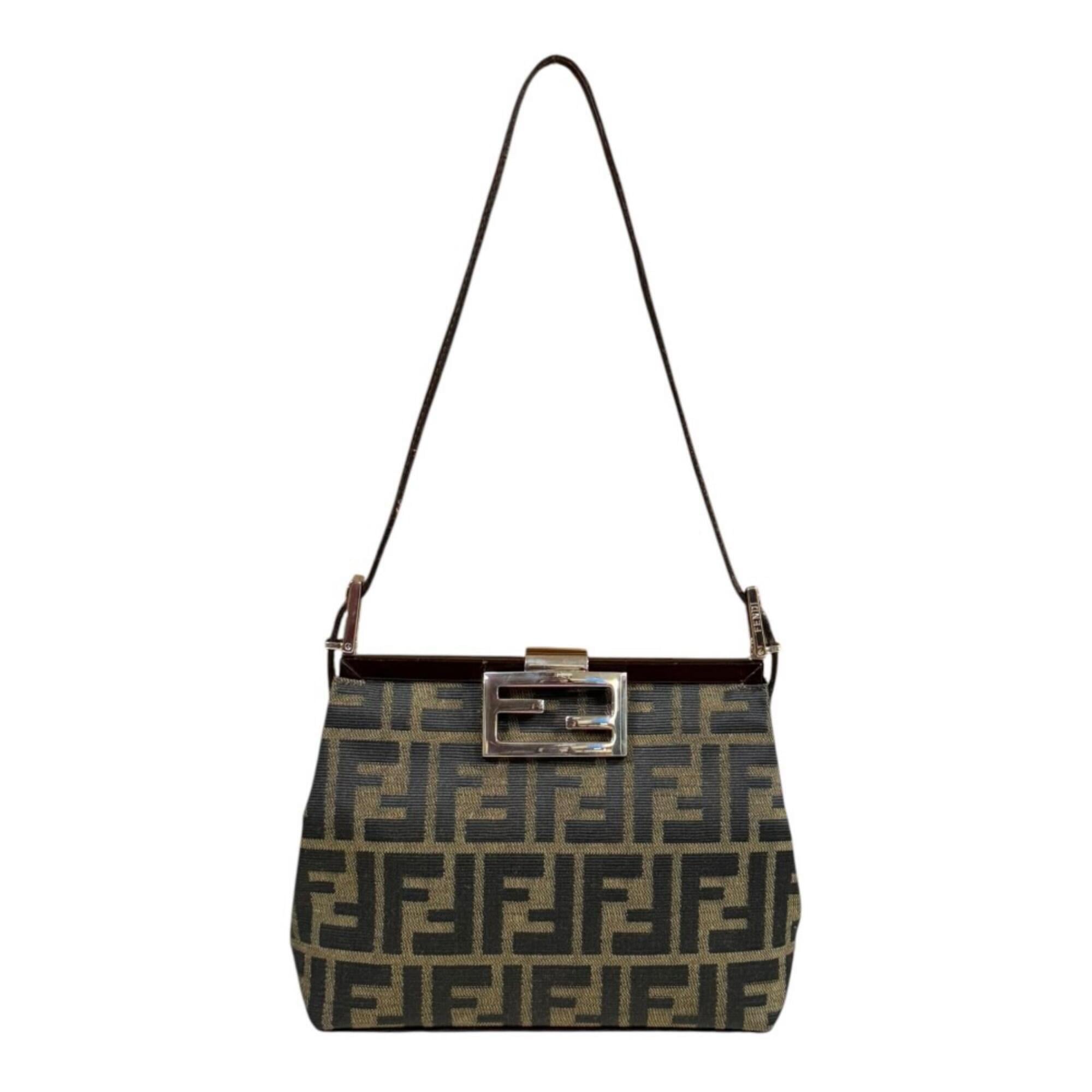 Fendi Zucca Black Brown Canvas Handbag Shoulder Bag (Pre-Owned)