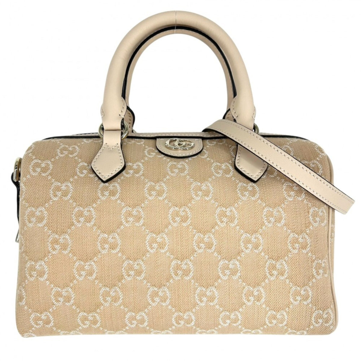 Gucci Beige White Canvas Leather Boston Bag Shoulder Bag (Pre-Owned)
