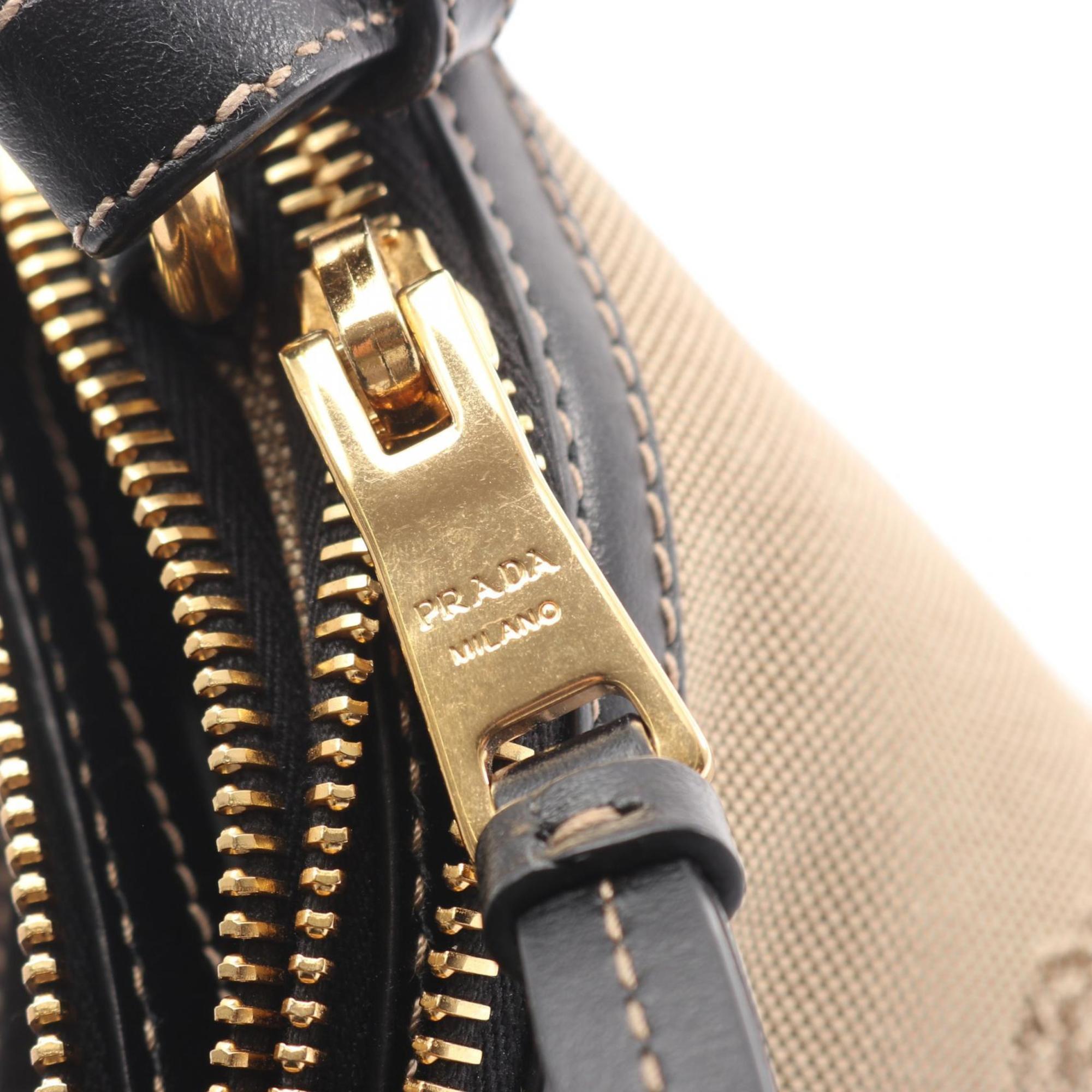 Prada Beige Black Canvas Leather Shoulder Bag (Pre-Owned)