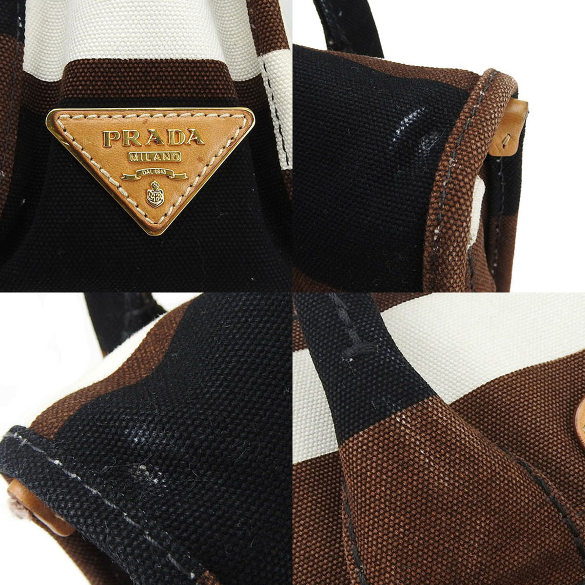 Prada Black Brown White Canvas Handbag (Pre-Owned)