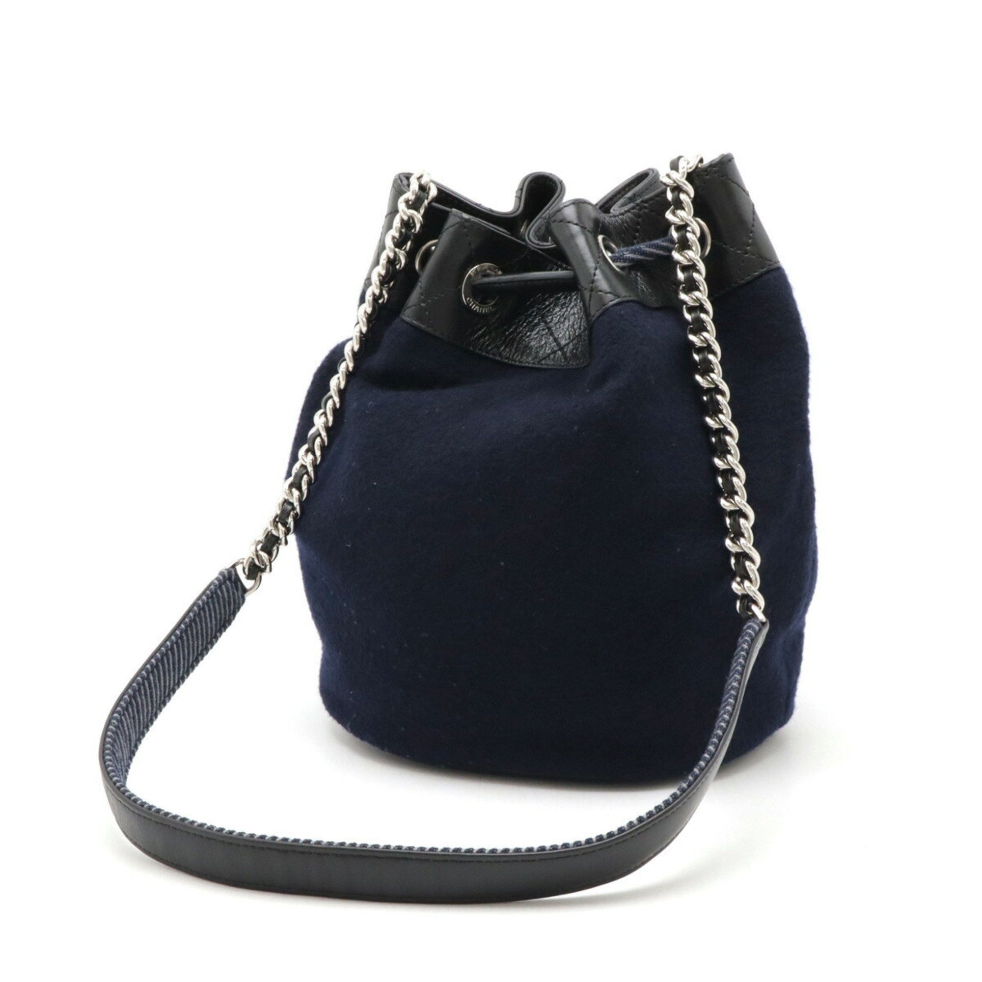 Chanel Black Navy Wool Leather Shoulder Bag (Pre-Owned)