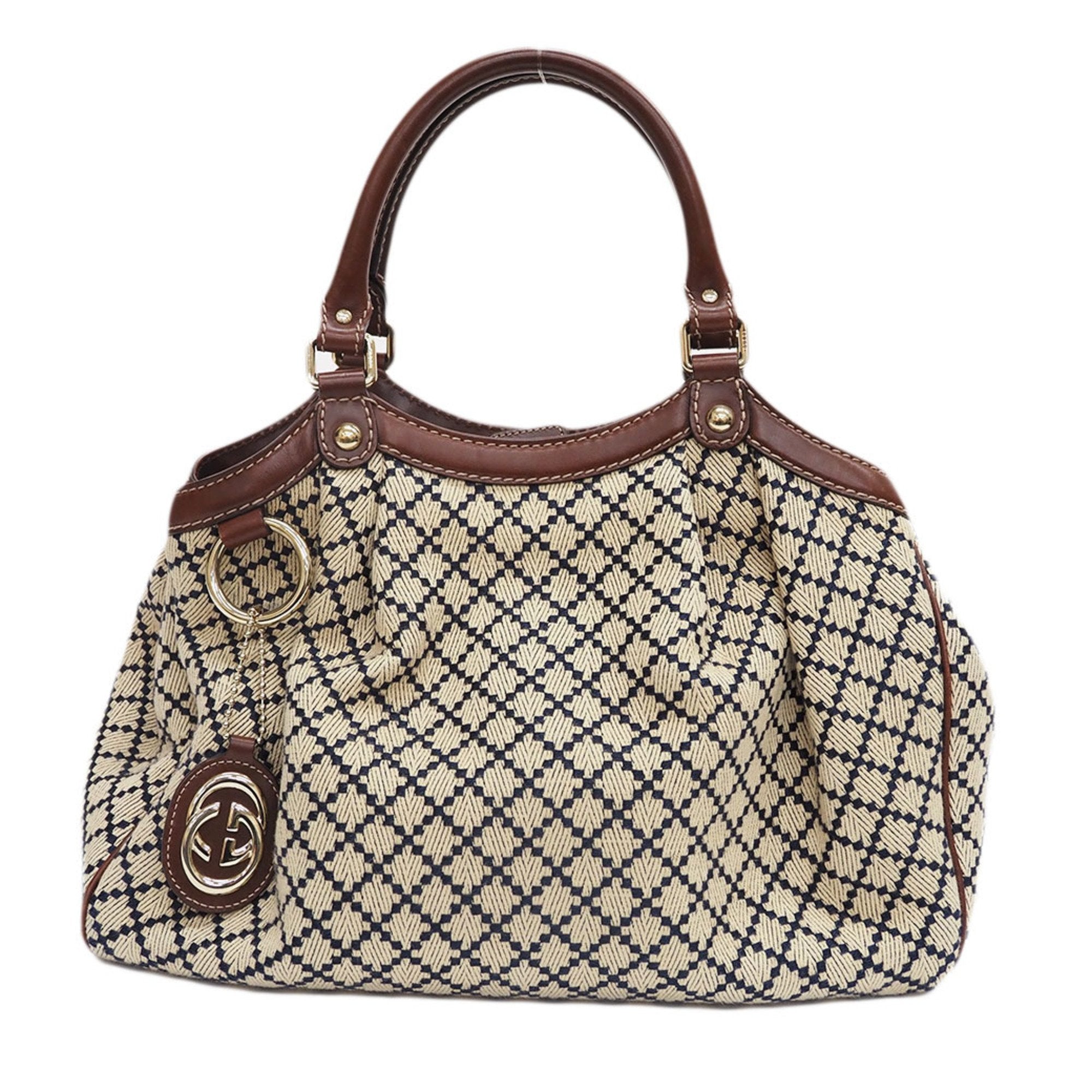 Gucci Diamante Beige Brown Navy Canvas Leather Handbag (Pre-Owned)