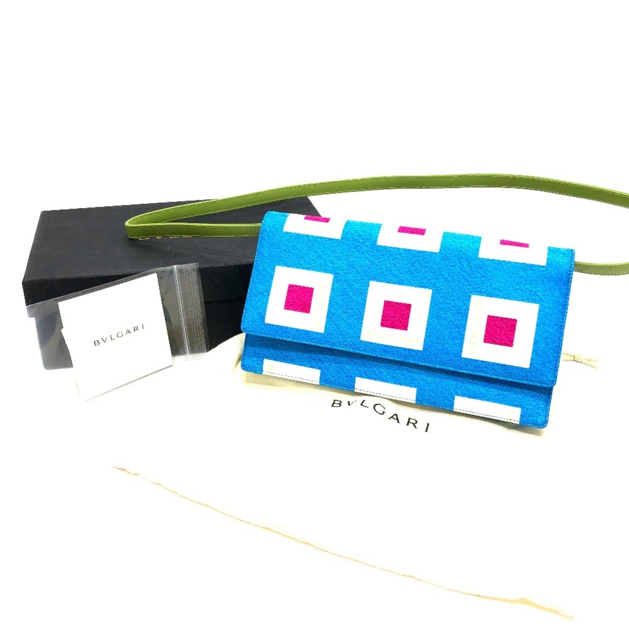 Bvlgari Blue Light Green Leather Nylon Clutch Bag Shoulder Bag (Pre-Owned)