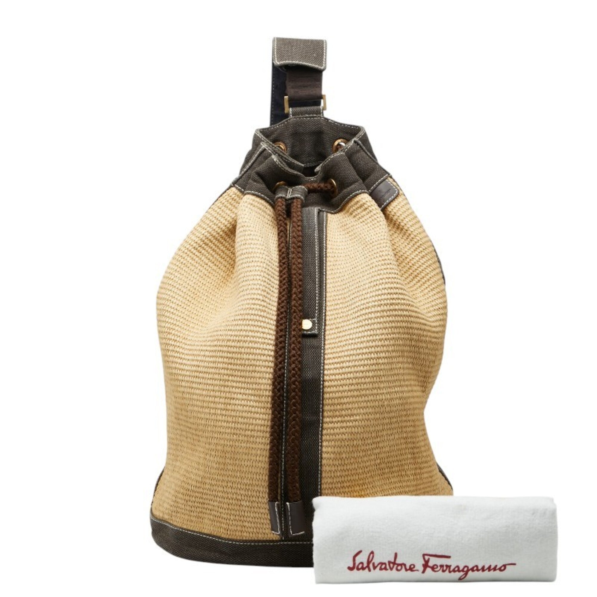 Salvatore Ferragamo Beige Brown Straw Canvas Shoulder Bag (Pre-Owned)