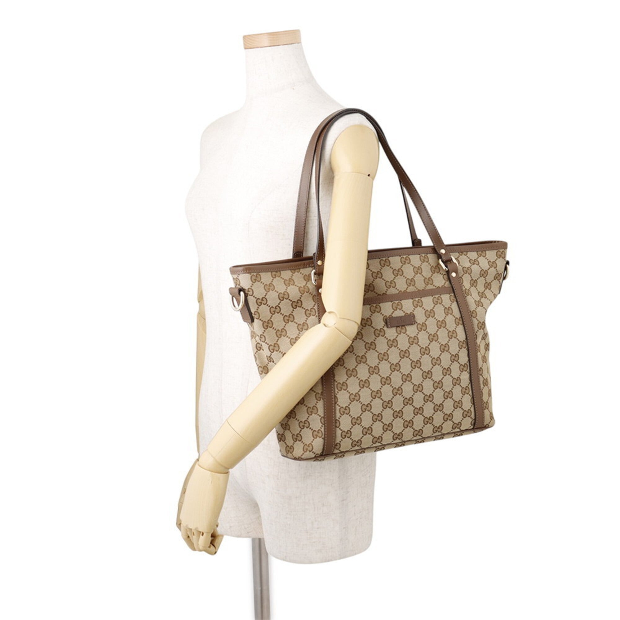 Gucci Gg Canvas Beige Brown Gg Canvas Leather Tote Bag (Pre-Owned)