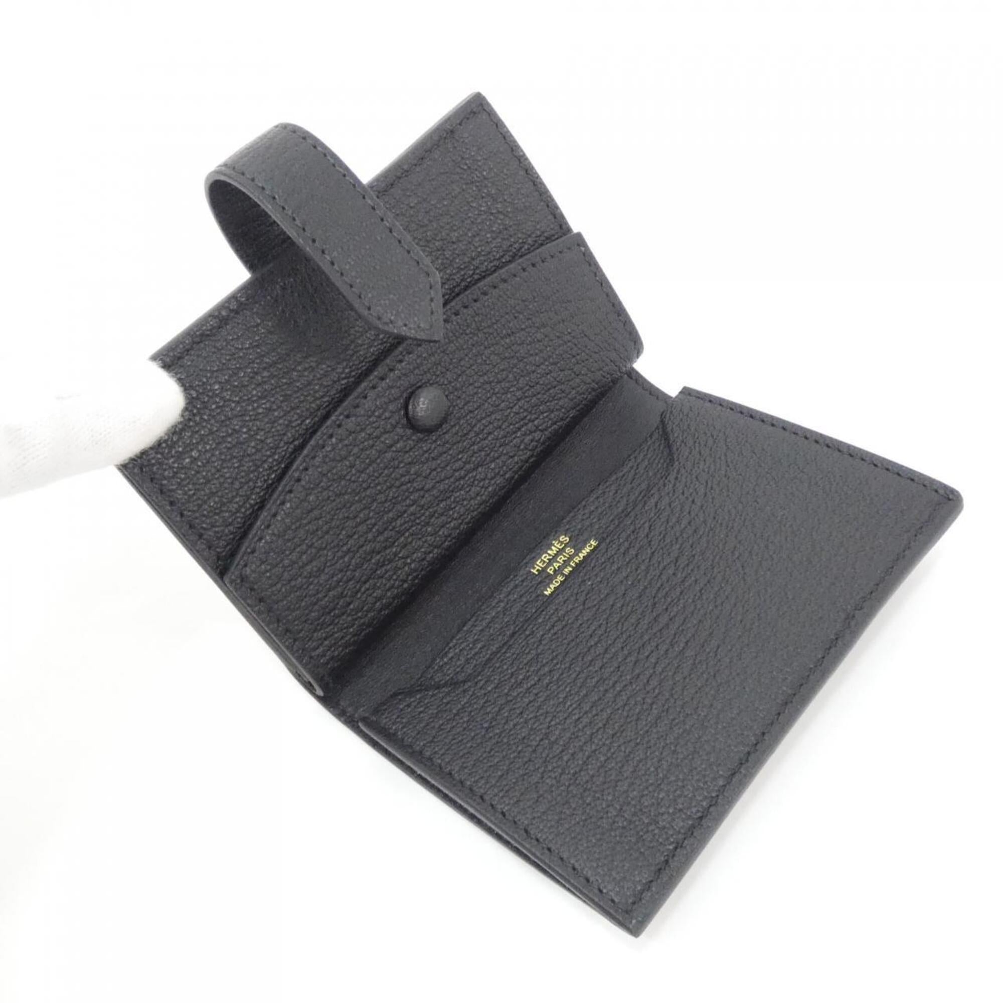 Hermes Bearn Gold Black Chevre Leather Wallet (Bi-Fold) (Pre-Owned)