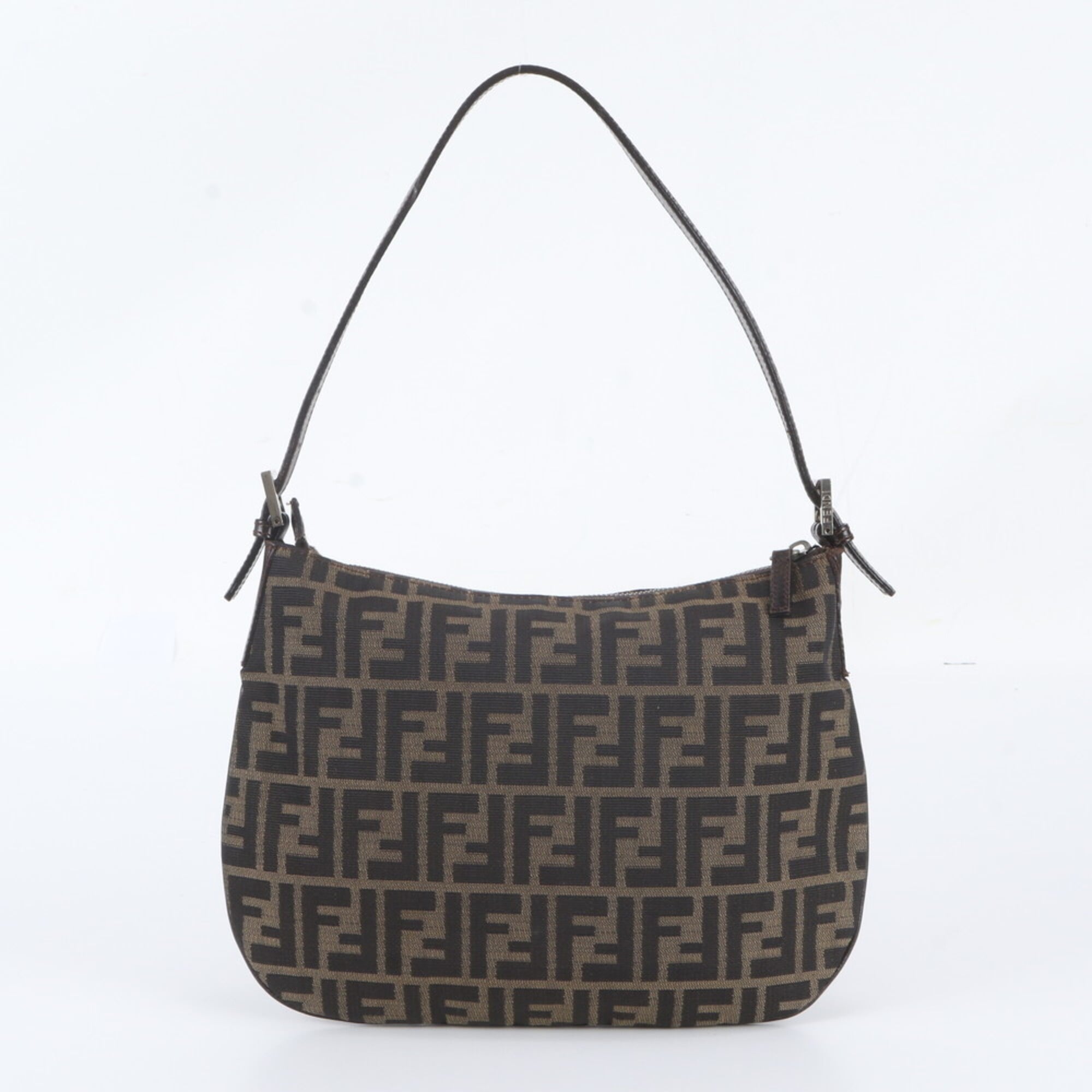 Fendi Brown Leather Canvas Handbag Shoulder Bag Tote Bag (Pre-Owned)