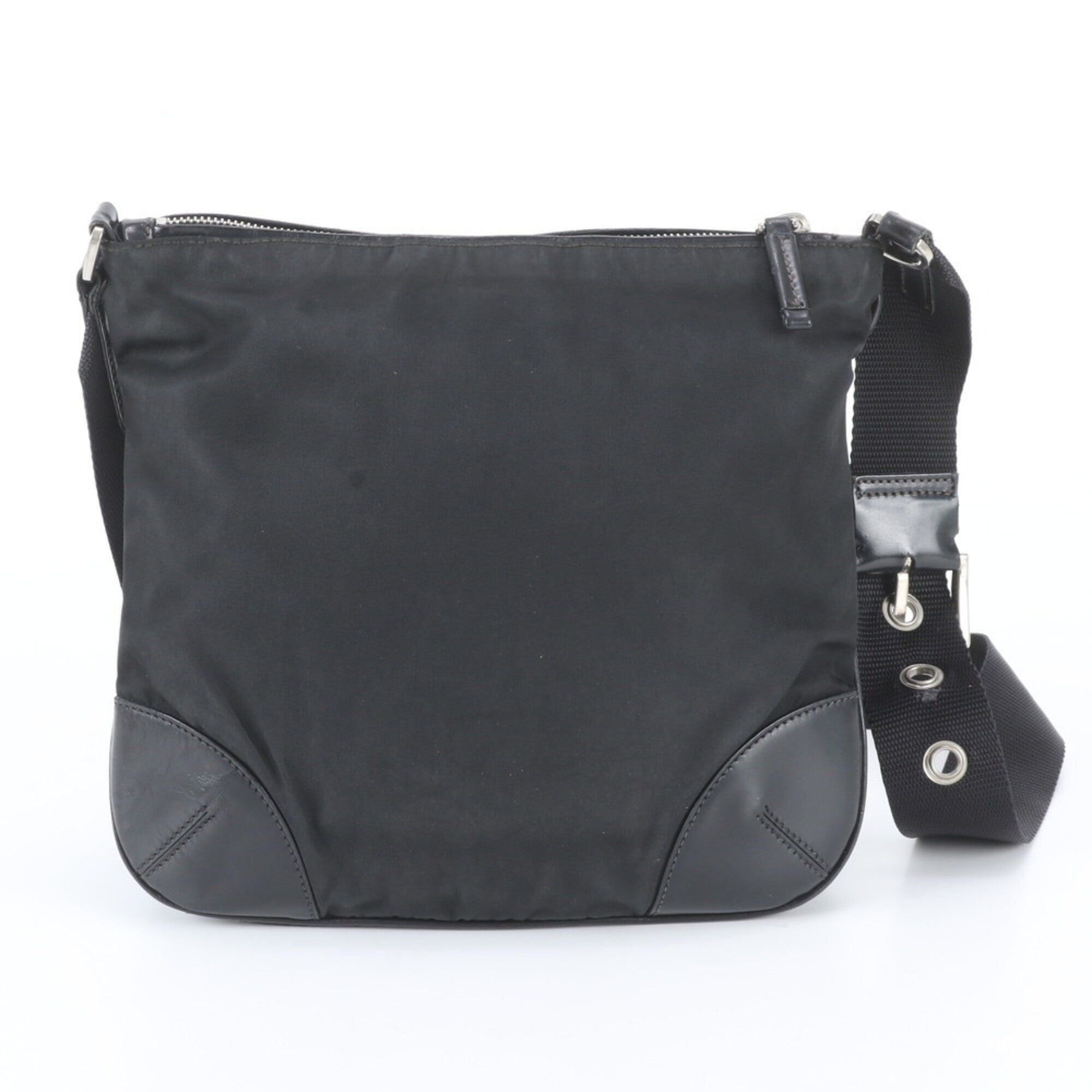 Prada Black Leather Nylon Messenger Bag Shoulder Bag (Pre-Owned)