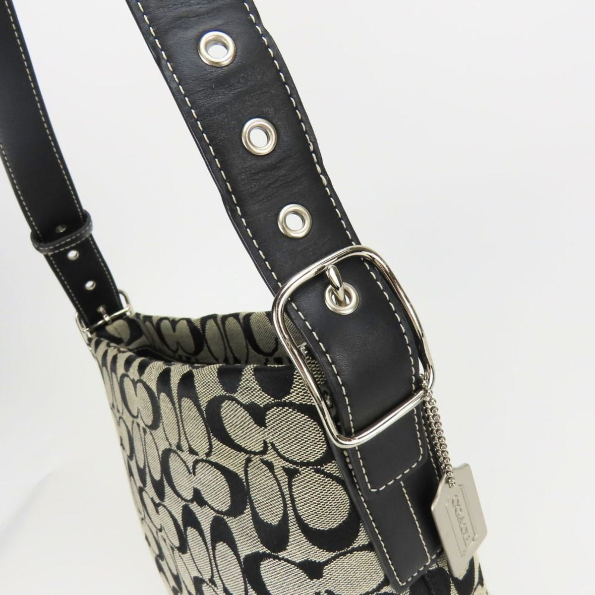 Coach Signature Black Gray Canvas Leather Shoulder Bag (Pre-Owned)