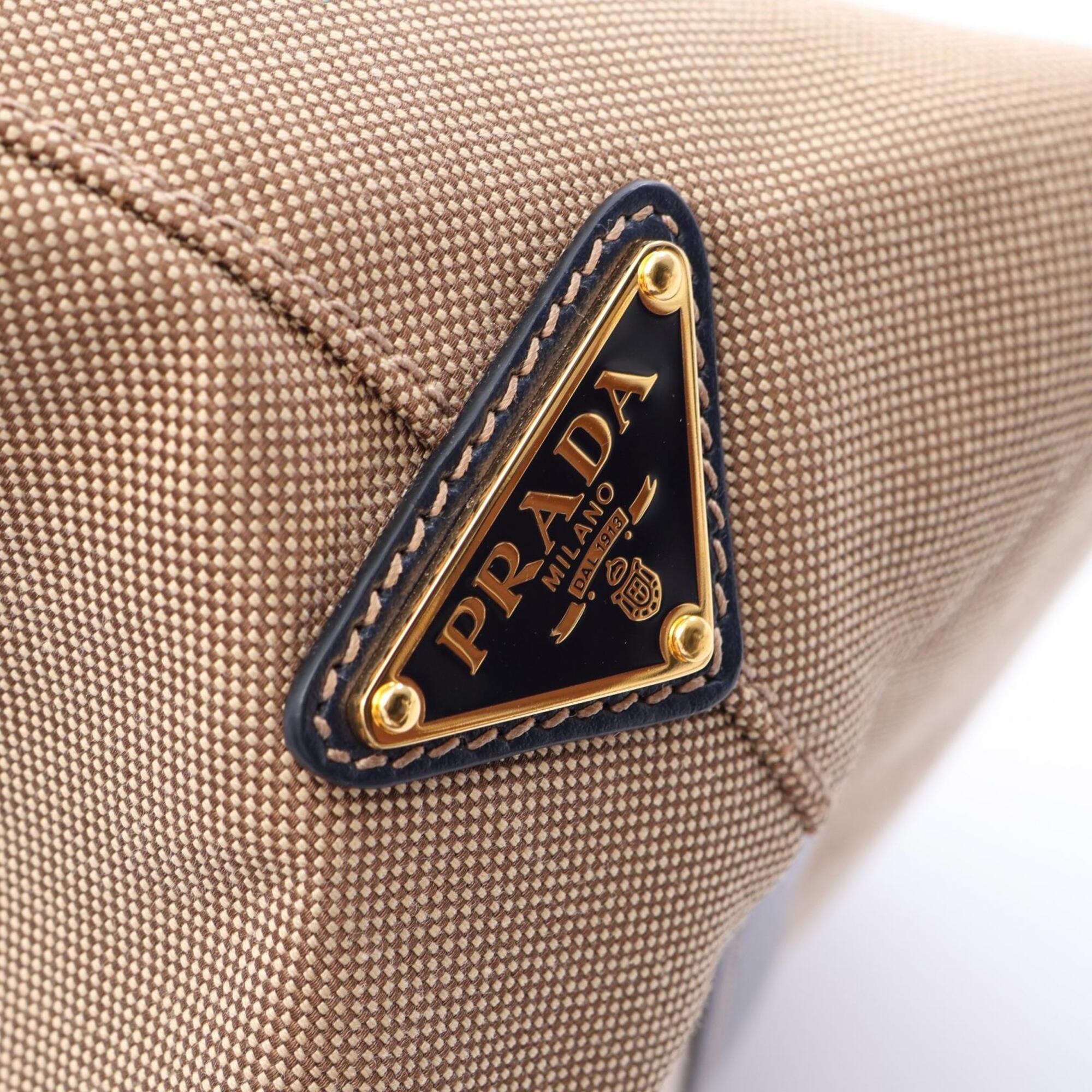 Prada Beige Navy Canvas Leather Handbag Tote Bag (Pre-Owned)