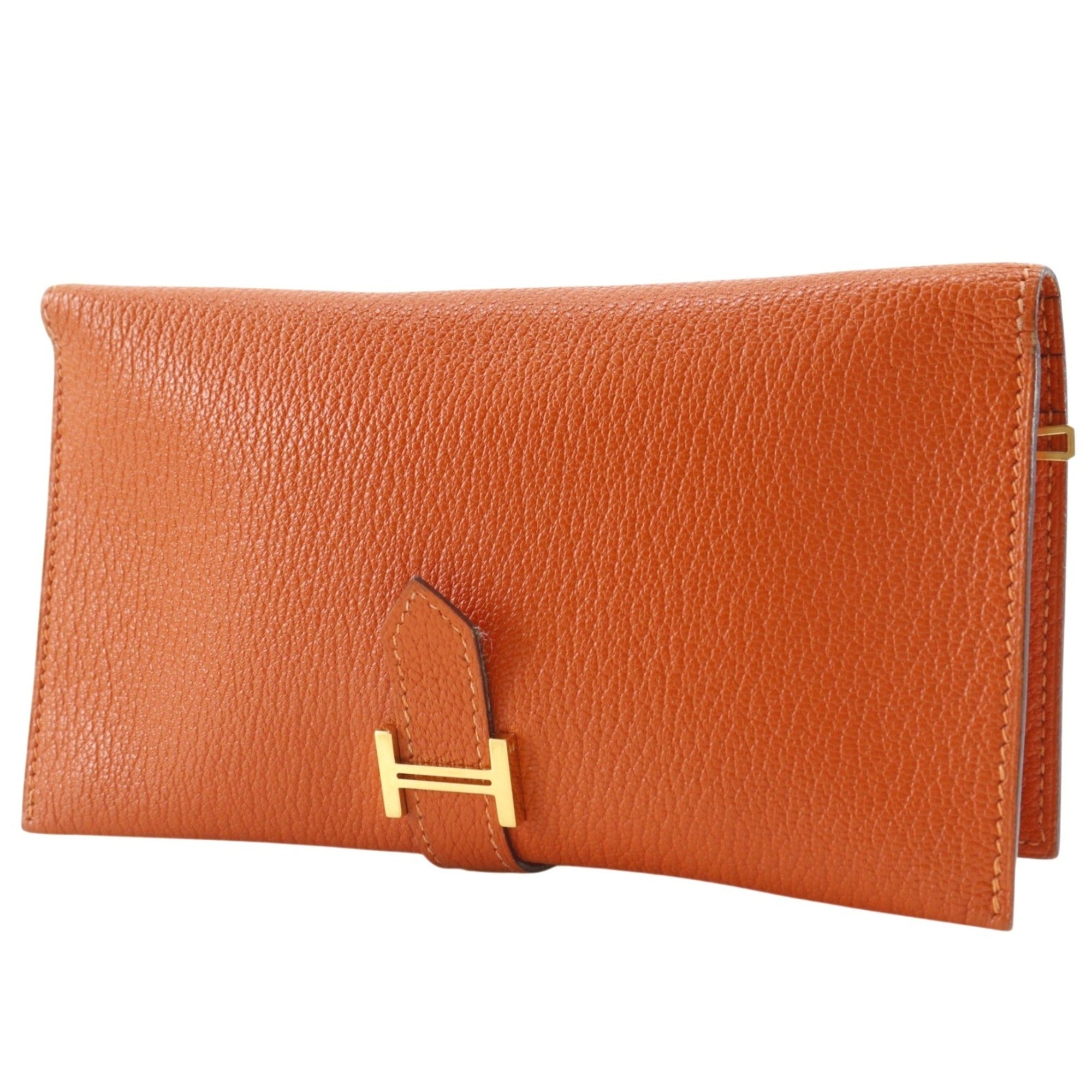 Hermes Orange Chevre Leather Long Wallet (Bi-Fold) (Pre-Owned)