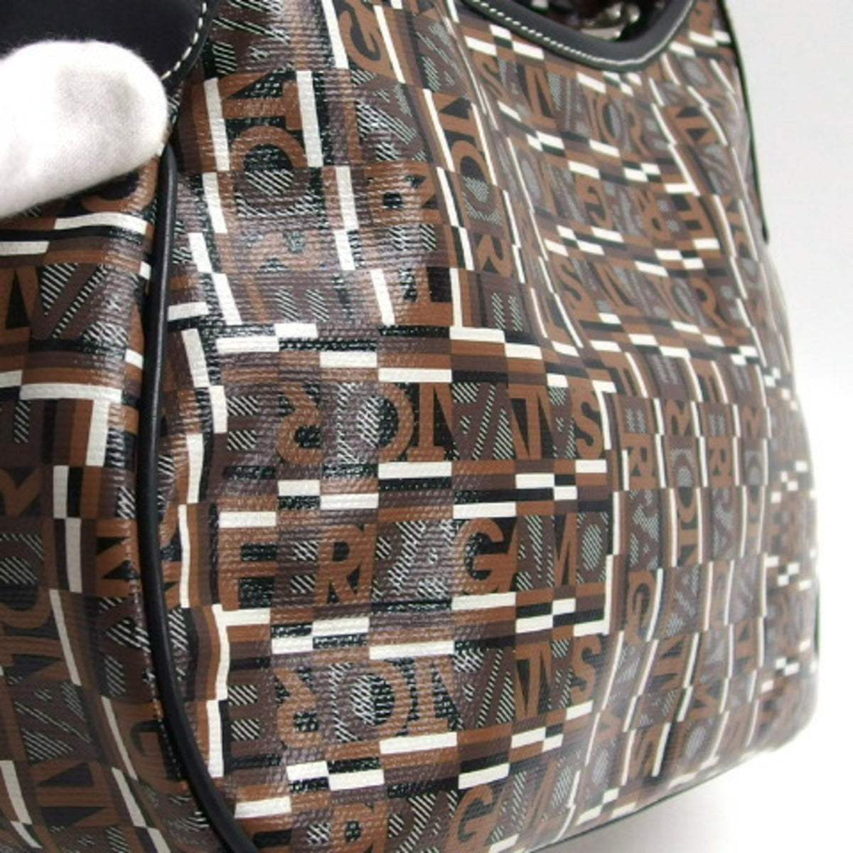 Salvatore Ferragamo Black Dark Brown Multi-Color Coated Canvas Leather Shoulder Bag (Pre-Owned)