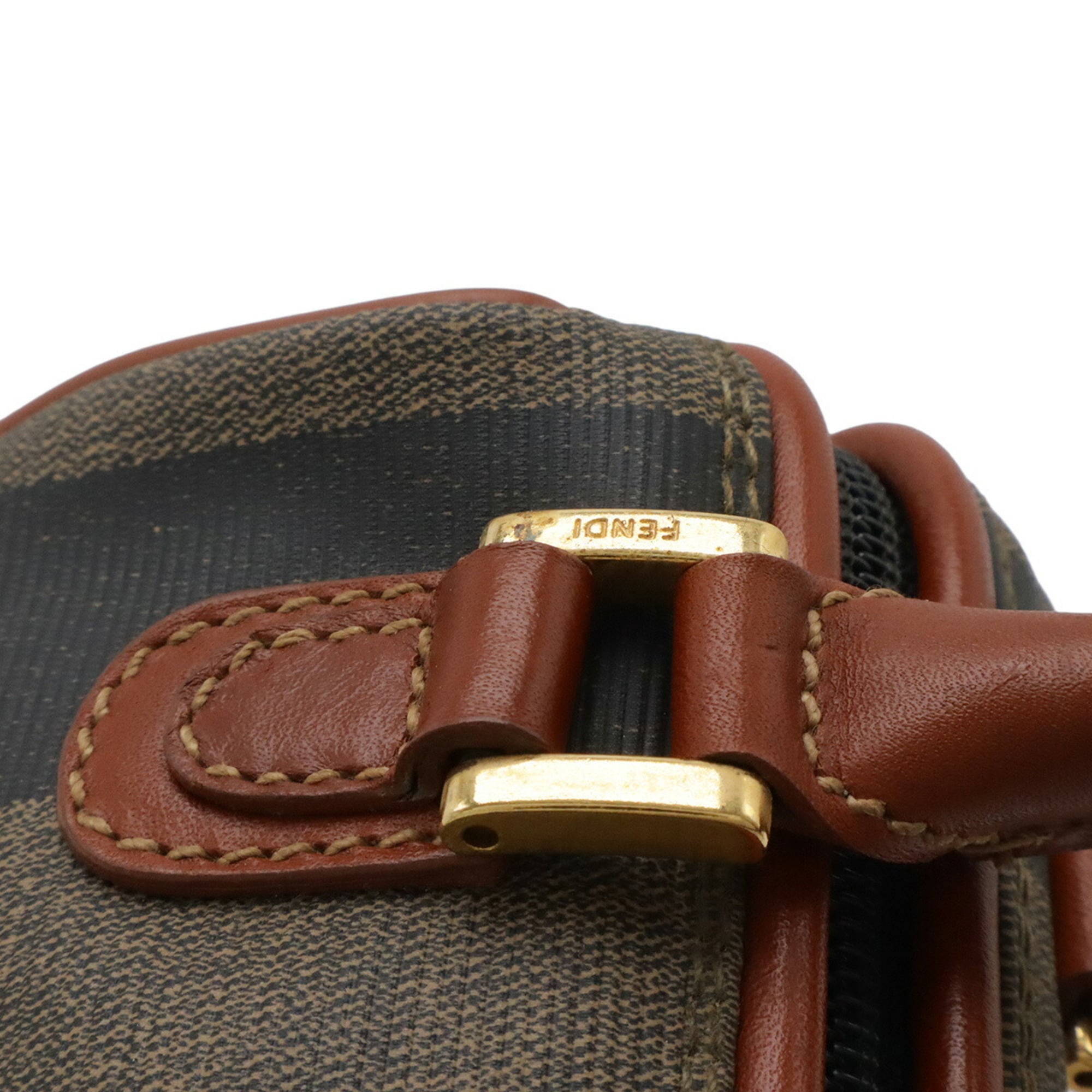 Fendi Black Khaki Light Brown Coated Canvas Leather Boston Bag Handbag Shoulder Bag (Pre-Owned)