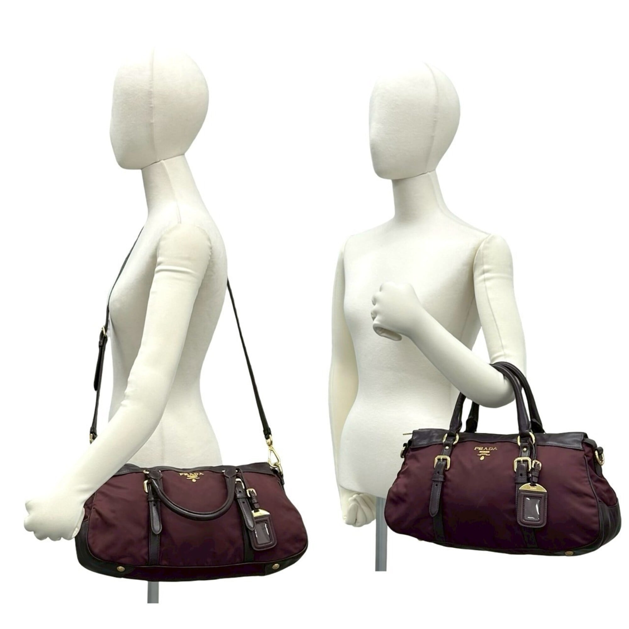 Prada Red Color Wine Leather Nylon Handbag Shoulder Bag (Pre-Owned)