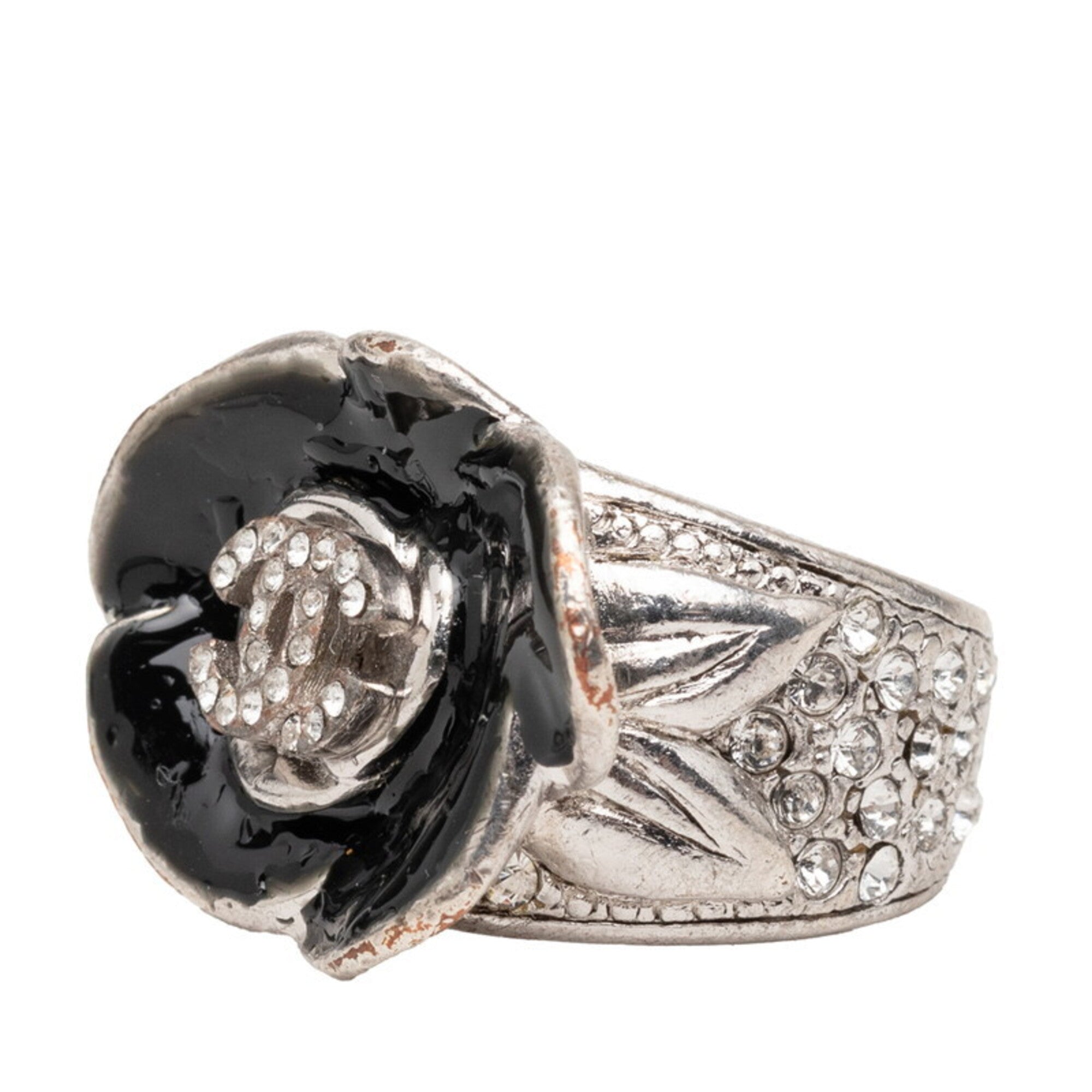 Chanel Silver Black Enamel Metal Band Ring (Pre-Owned)