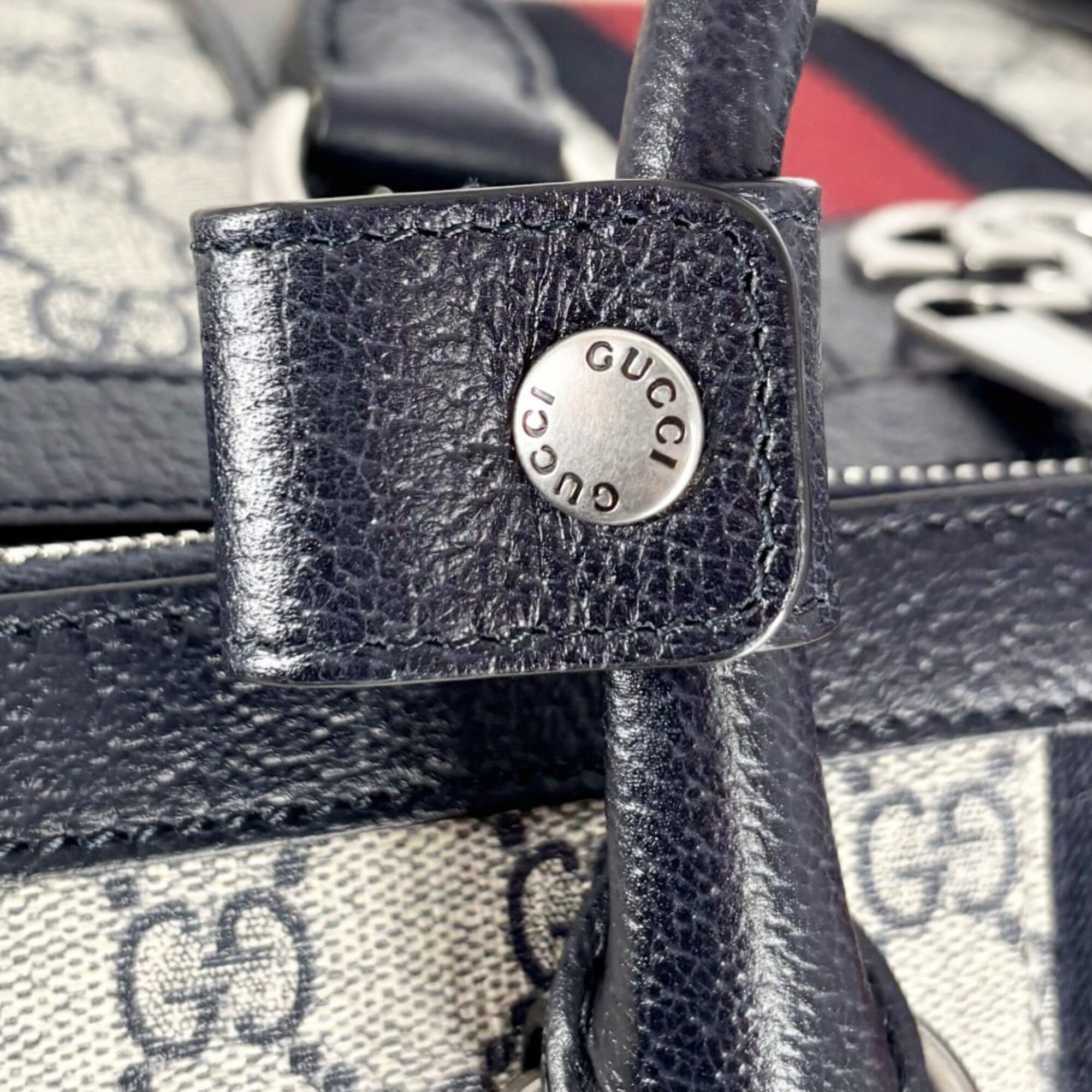 Gucci Beige Navy Gg Supreme Leather Boston Bag Handbag Shoulder Bag (Pre-Owned)