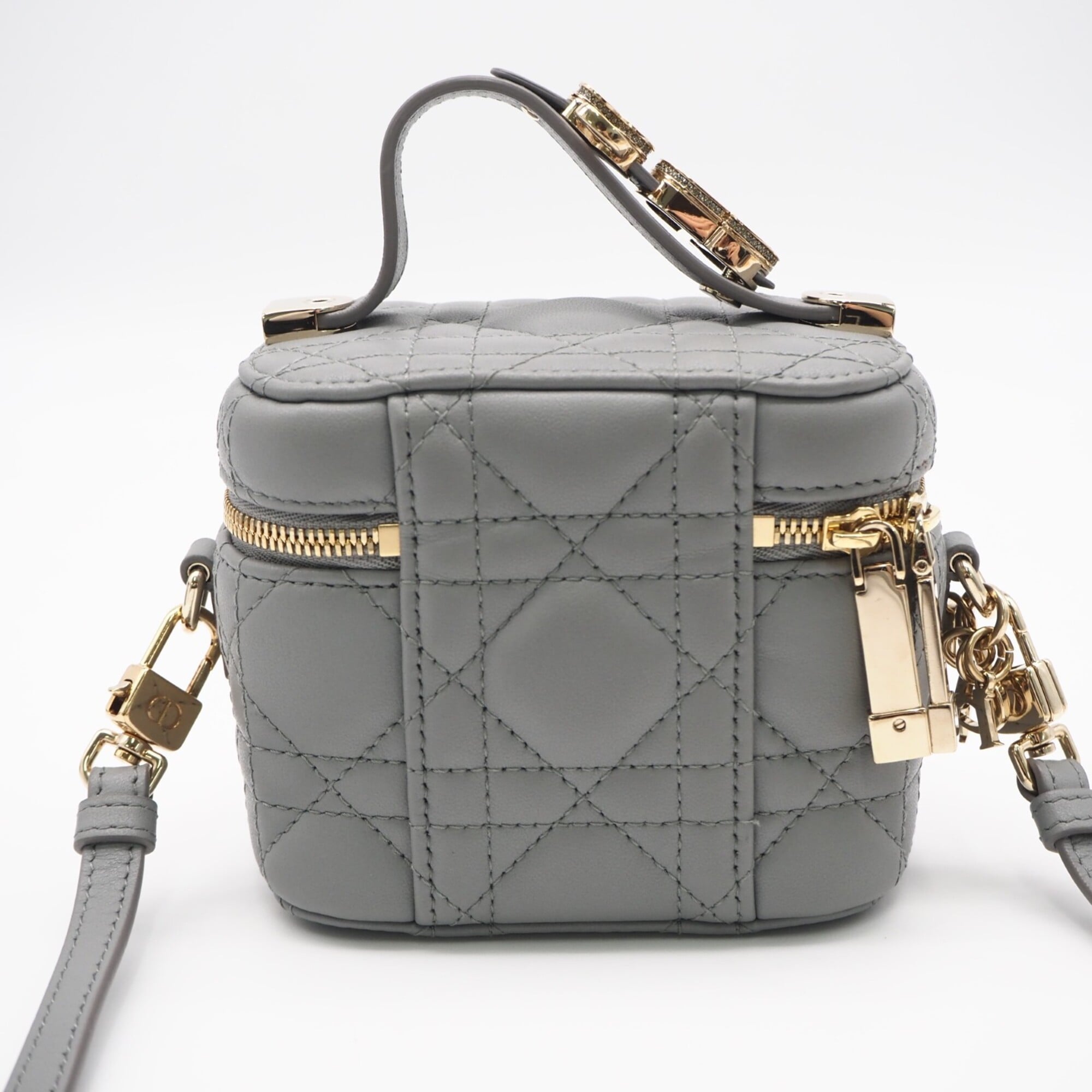 Christian Dior Lady Dior Gray Leather Shoulder Bag Vanity Bag (Pre-Owned)