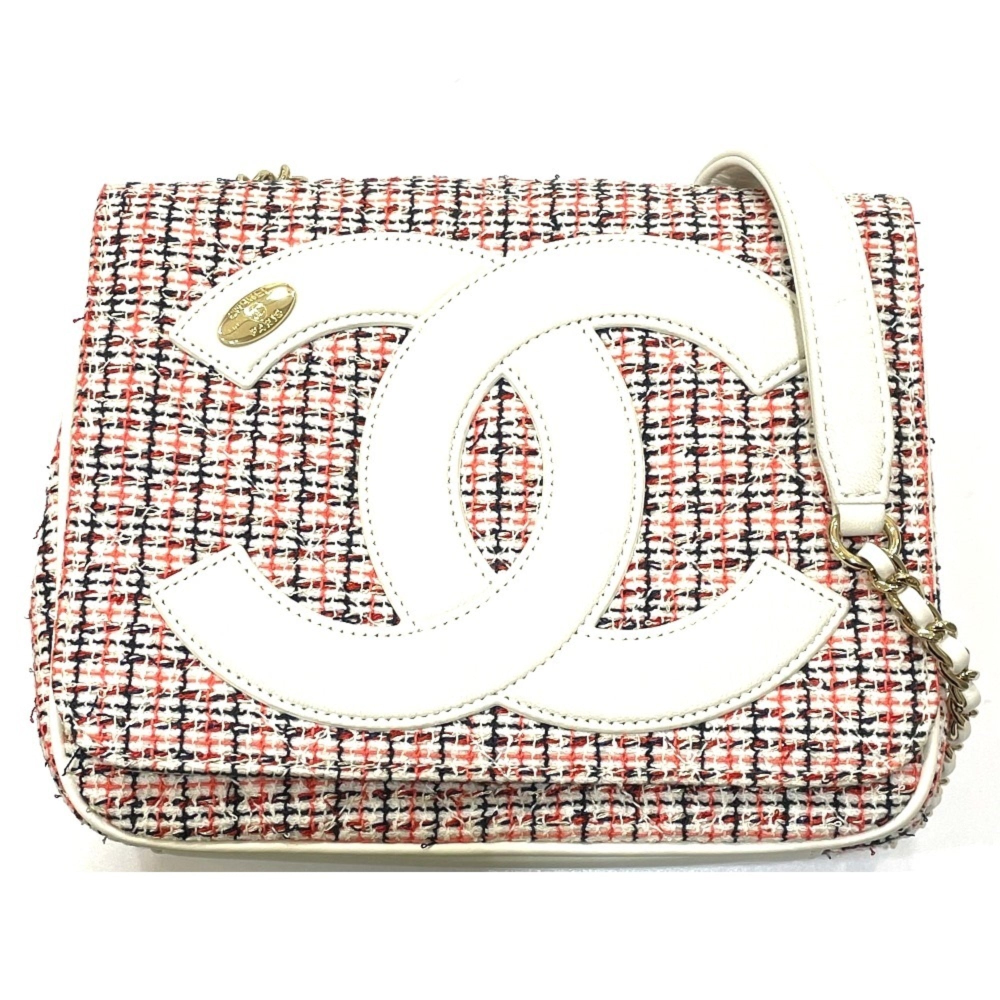Chanel Red Color White Tweed Leather Pochette Shoulder Bag (Pre-Owned)
