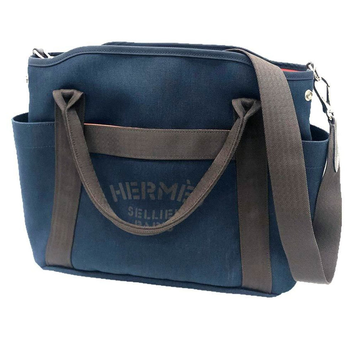 Hermes Brown Navy Canvas Shoulder Bag Tote Bag (Pre-Owned)