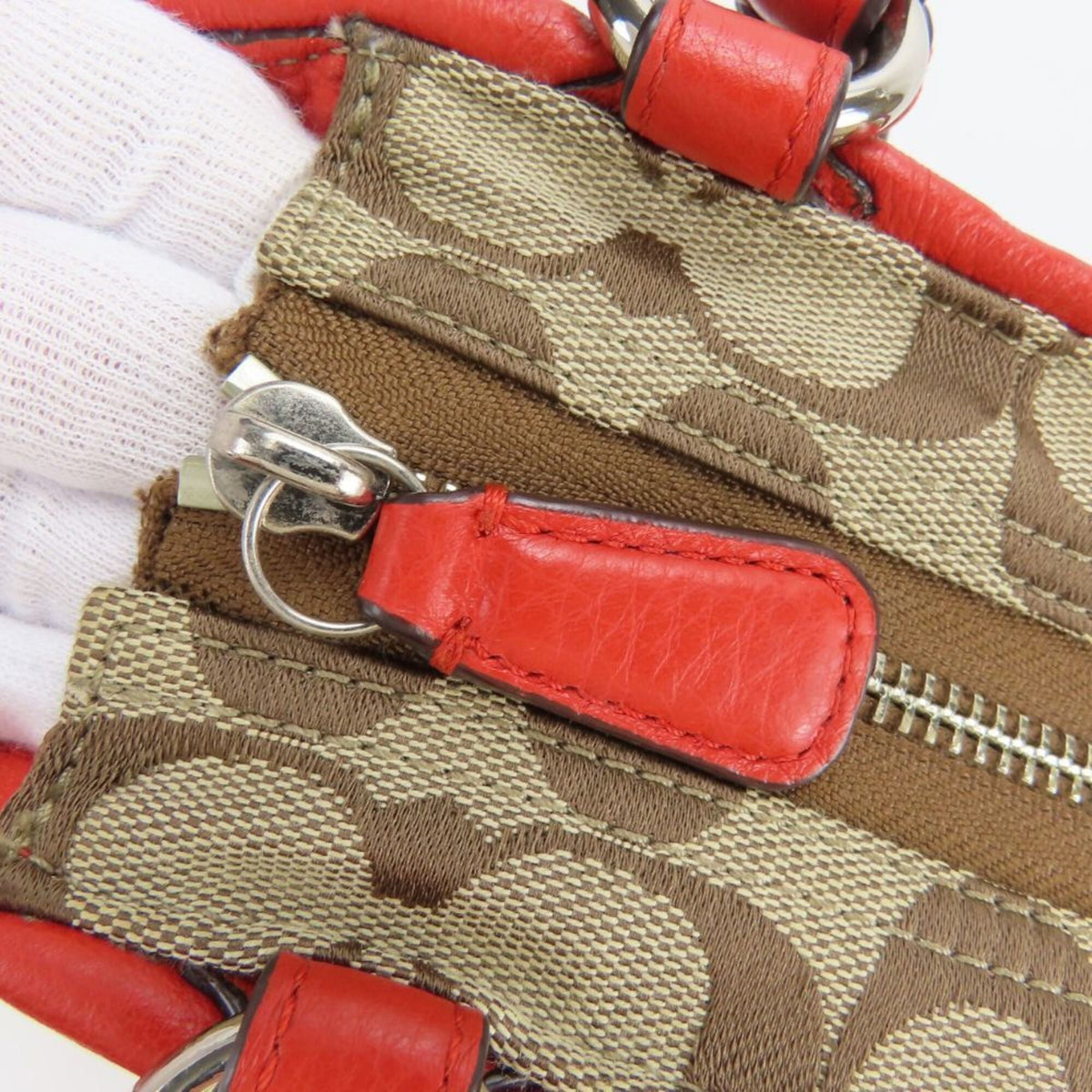 Coach Beige Red Color Canvas Leather Tote Bag (Pre-Owned)