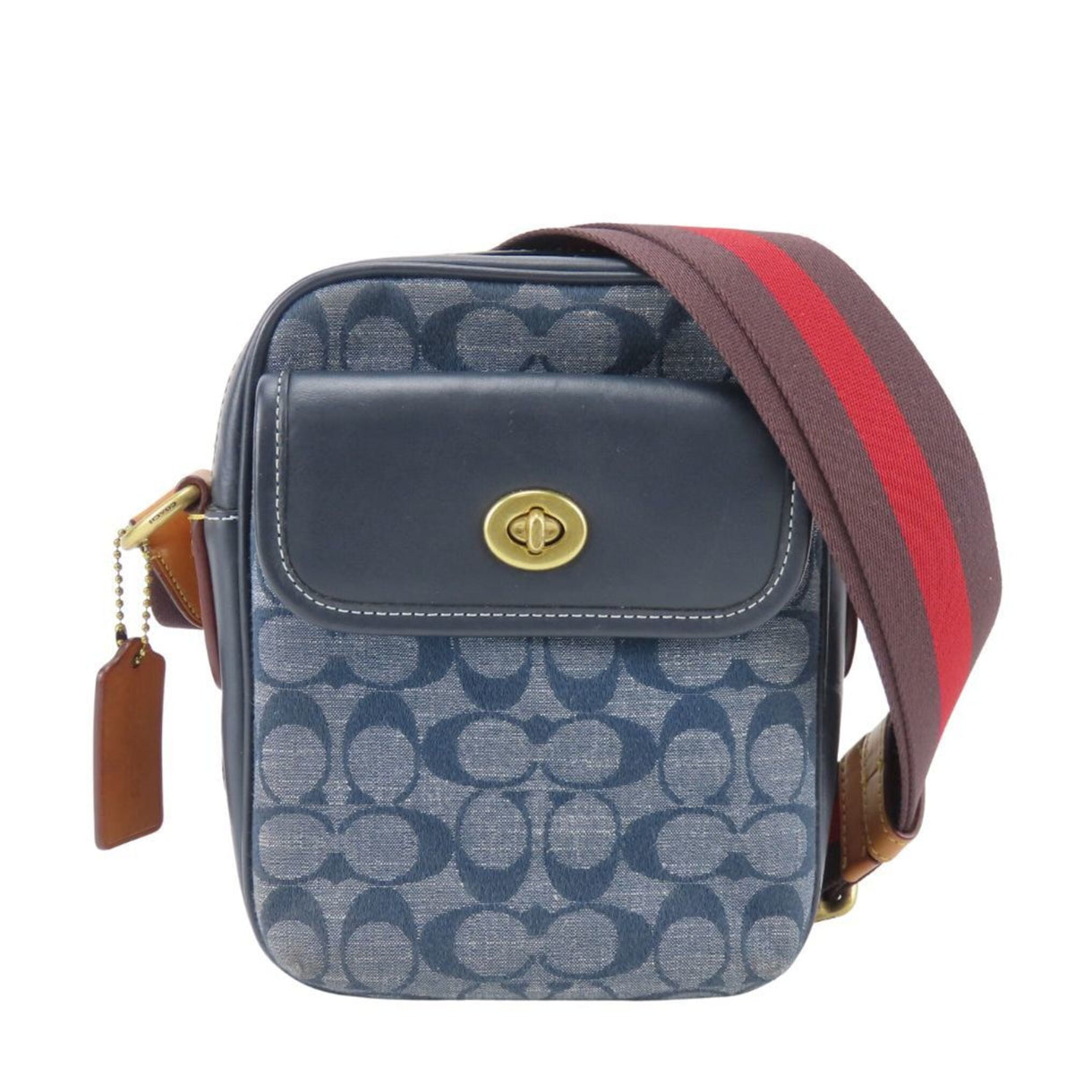Coach Brown Navy Red Color Canvas Leather Pochette Shoulder Bag (Pre-Owned)