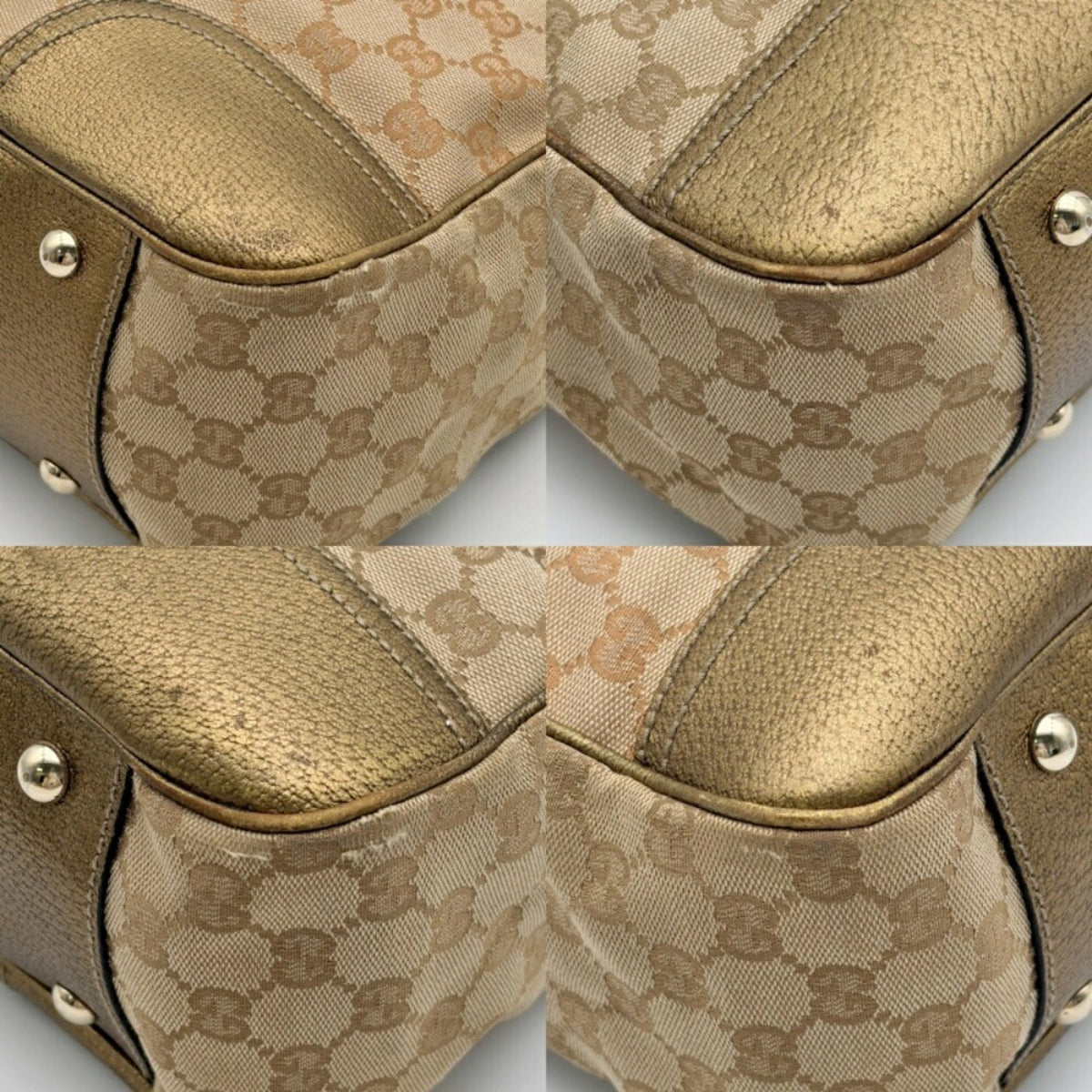 Gucci Beige Gold Gg Canvas Leather Shoulder Bag Tote Bag (Pre-Owned)