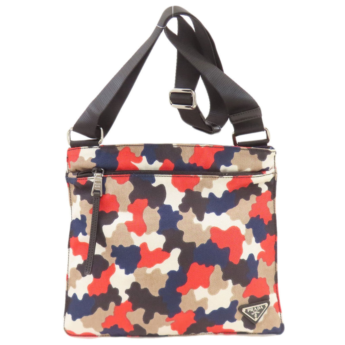 Prada Beige Navy Red Color Canvas Shoulder Bag (Pre-Owned)