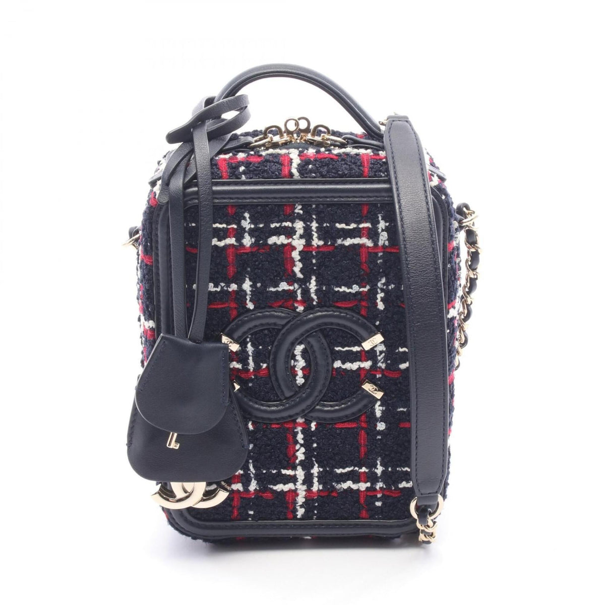 Chanel Navy Red Color White Fabric Leather Shoulder Bag (Pre-Owned)