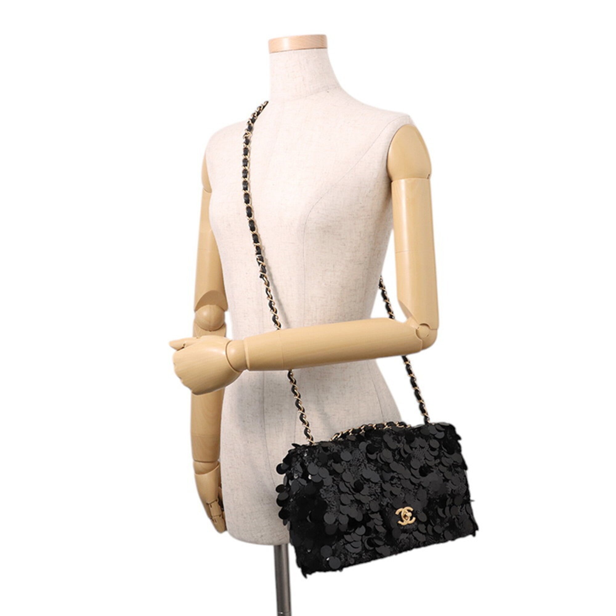 Chanel Matelasse Black Satin Leather Spangles Handbag Shoulder Bag (Pre-Owned)