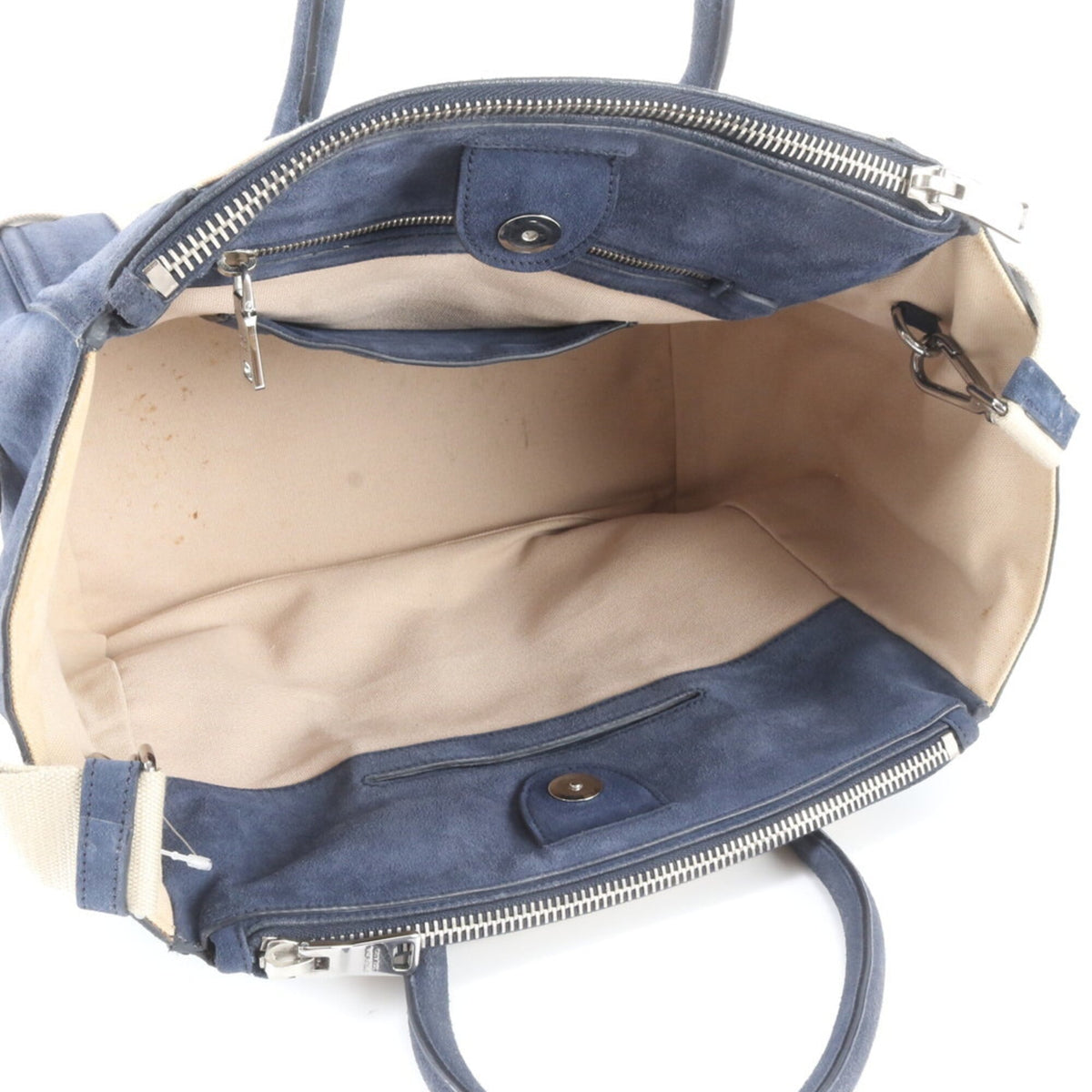 Prada Beige Navy Leather Canvas Handbag Shoulder Bag Tote Bag (Pre-Owned)