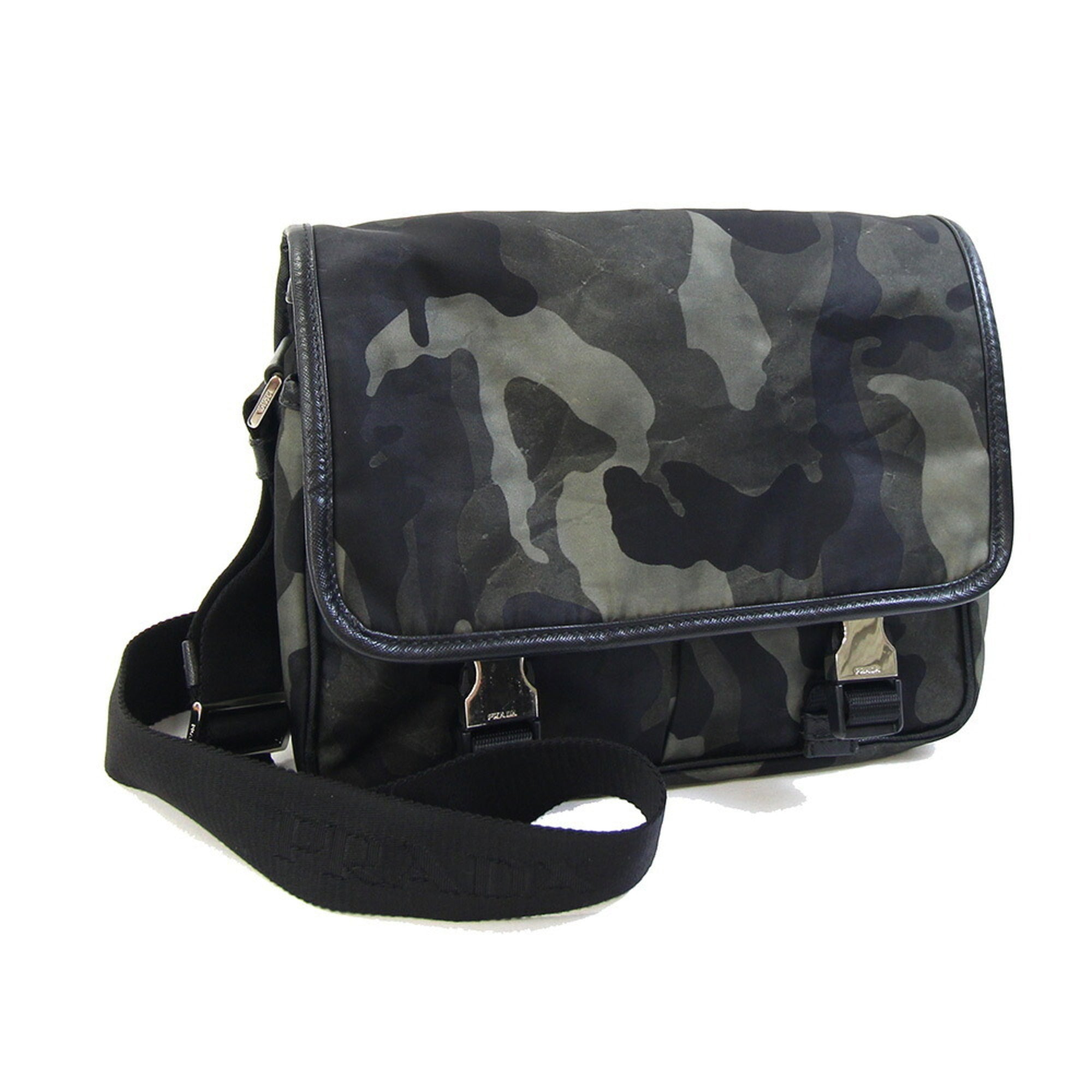 Prada Black Brown Green Khaki Nylon Leather Shoulder Bag (Pre-Owned)