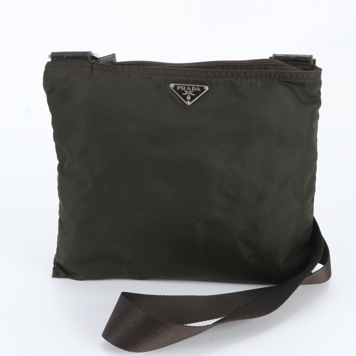 Prada Khaki Leather Nylon Messenger Bag Shoulder Bag (Pre-Owned)