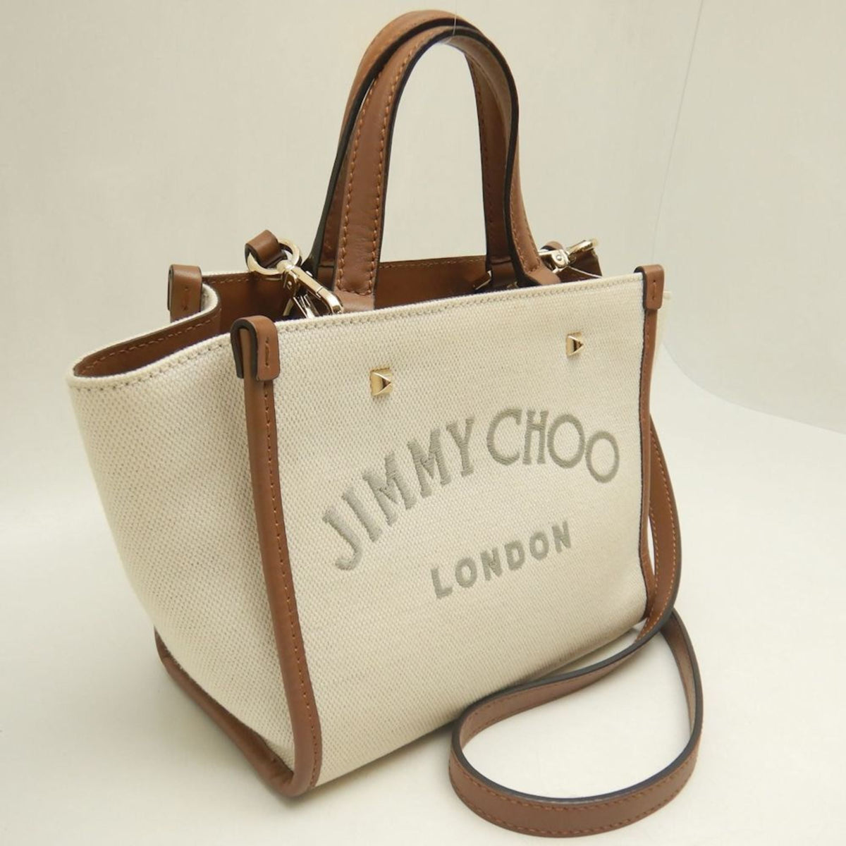 Jimmy Choo Brown Ivory Cotton Canvas Leather Tote Bag (Pre-Owned)