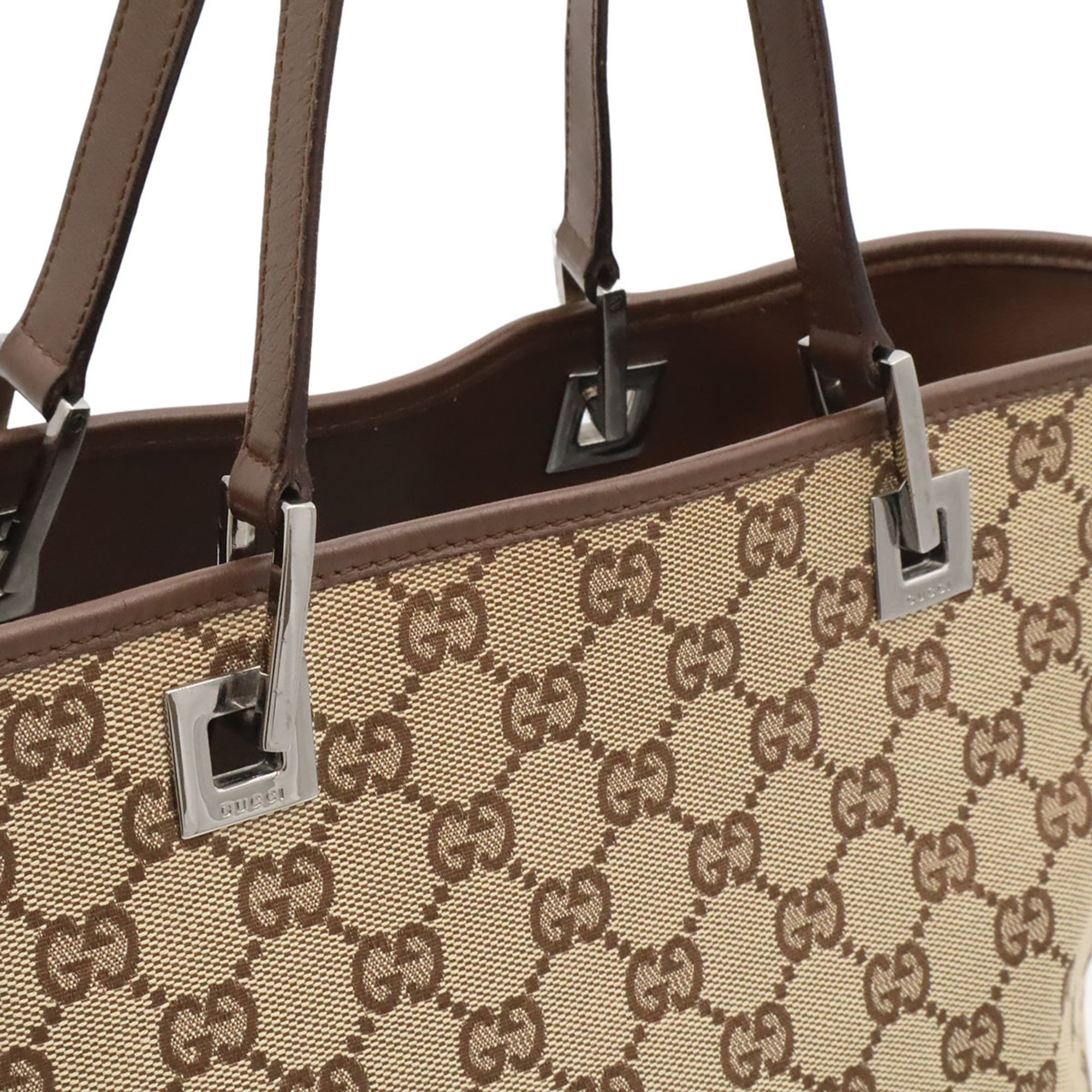 Gucci Gg Canvas Beige Dark Brown Khaki Gg Canvas Leather Shoulder Bag Tote Bag (Pre-Owned)