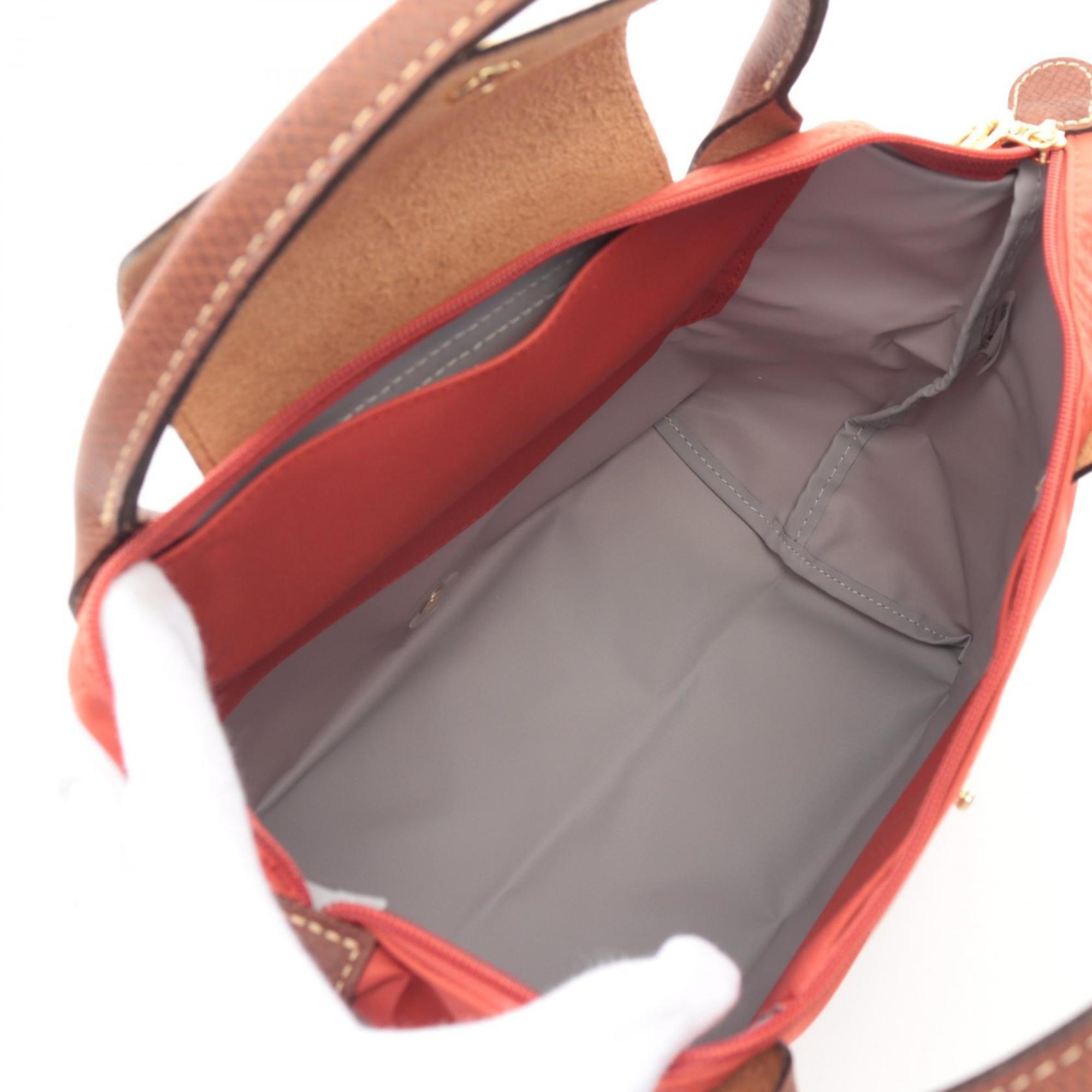 Longchamp Brown Red Color Canvas Leather Handbag (Pre-Owned)