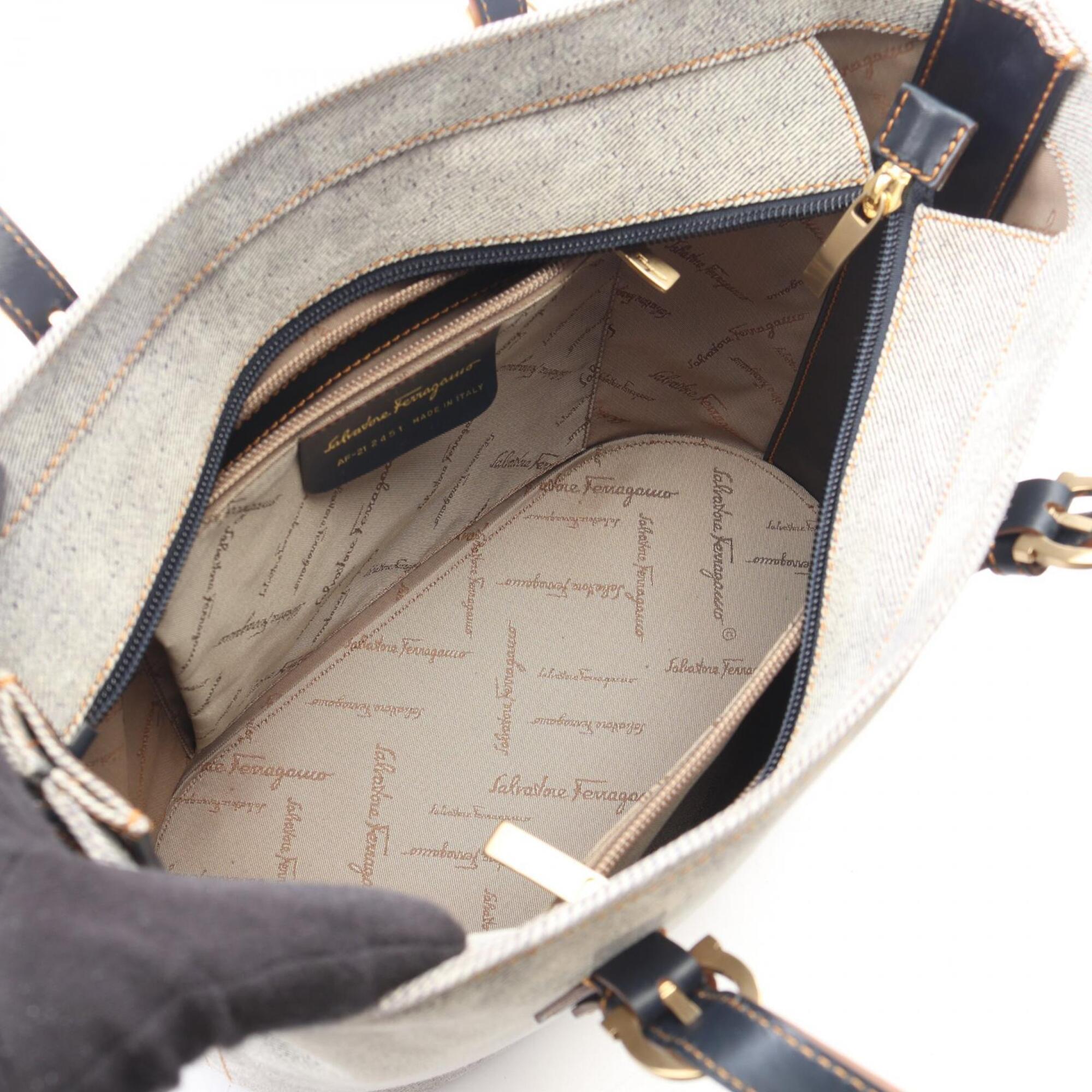 Salvatore Ferragamo Gray Navy Denim Leather Handbag Tote Bag (Pre-Owned)