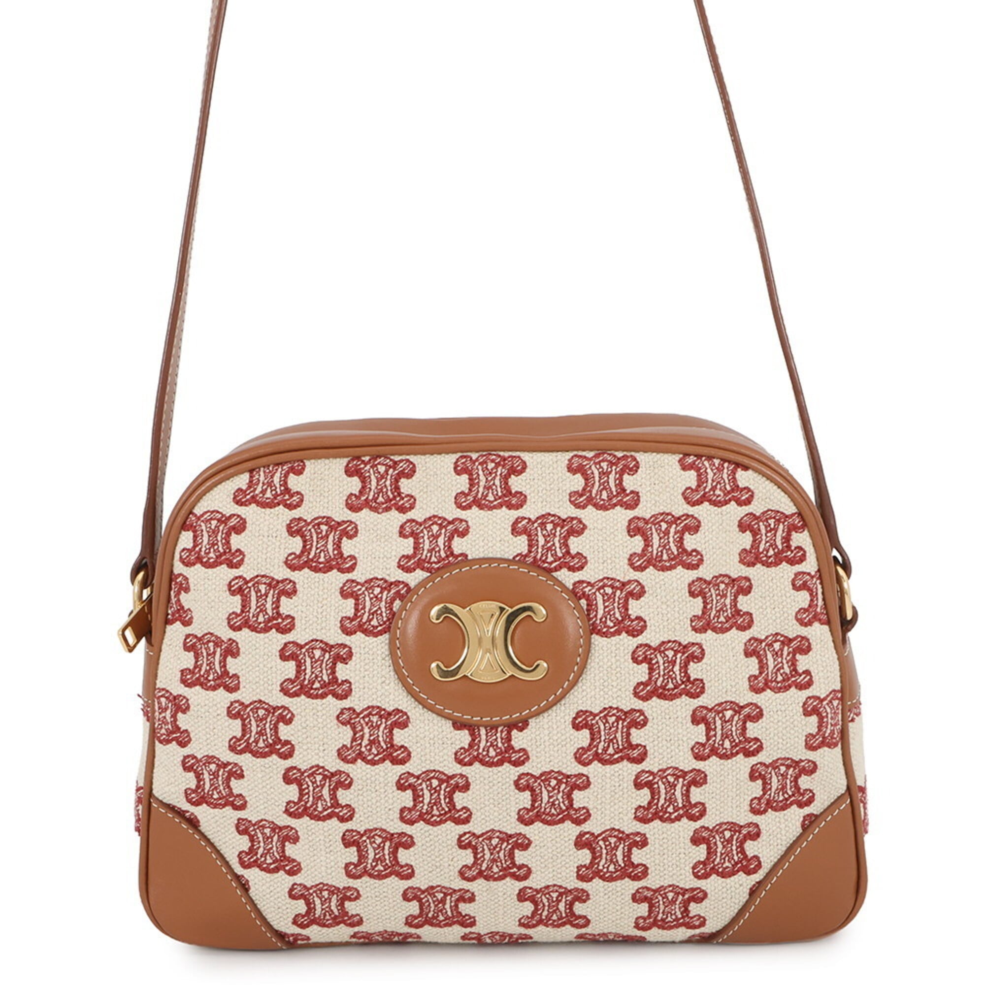 Celine Brown Red Color White Canvas Leather Handbag Shoulder Bag (Pre-Owned)
