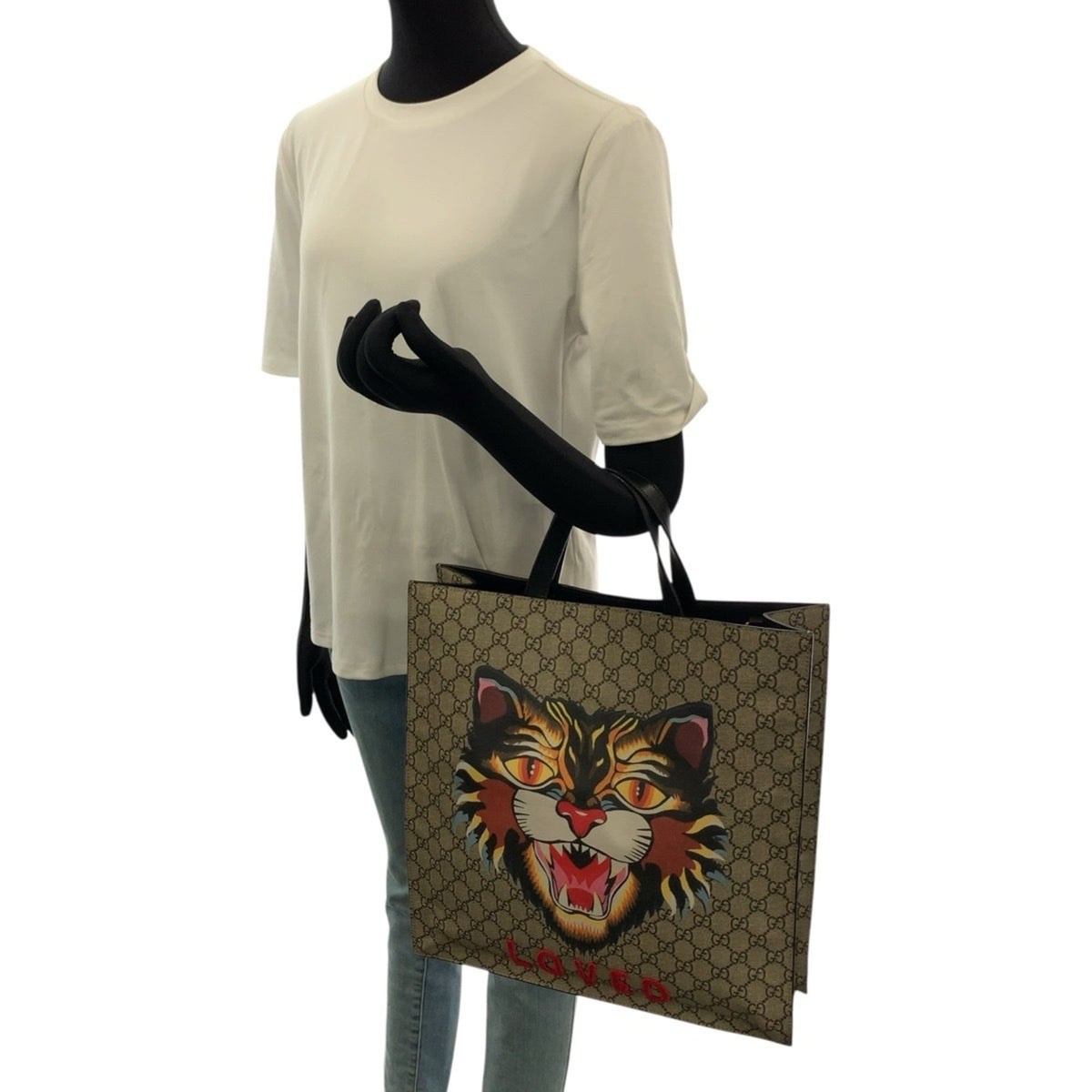 Gucci Beige Multi-Color Canvas Leather Tote Bag (Pre-Owned)