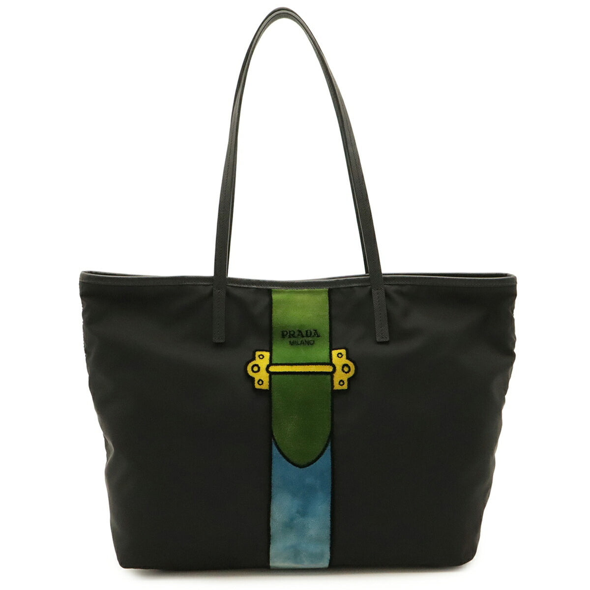 Prada Black Blue Nylon Leather Shoulder Bag Tote Bag (Pre-Owned)