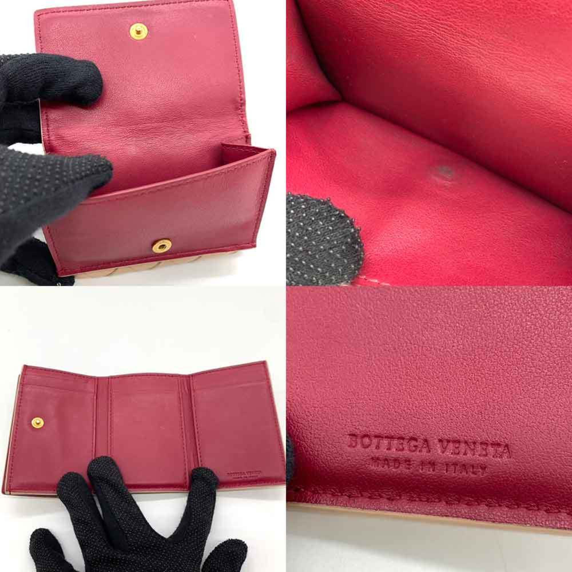 Bottega Veneta Beige Bordeaux Leather Wallet (Tri-Fold) (Pre-Owned)