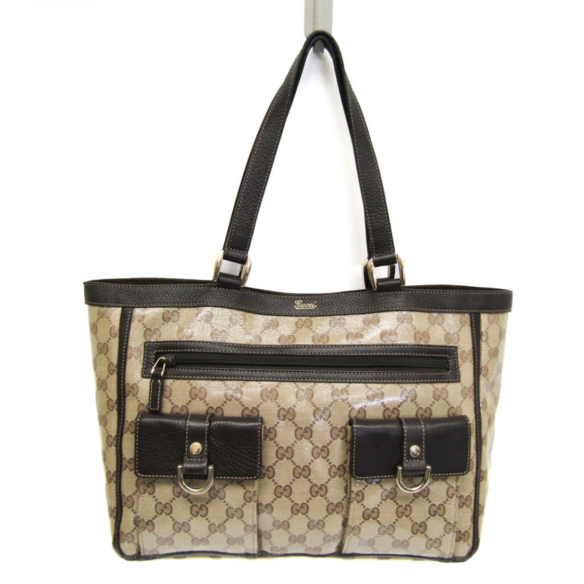 Gucci Gg Crystal Beige Dark Brown Leather Pvc Tote Bag (Pre-Owned)