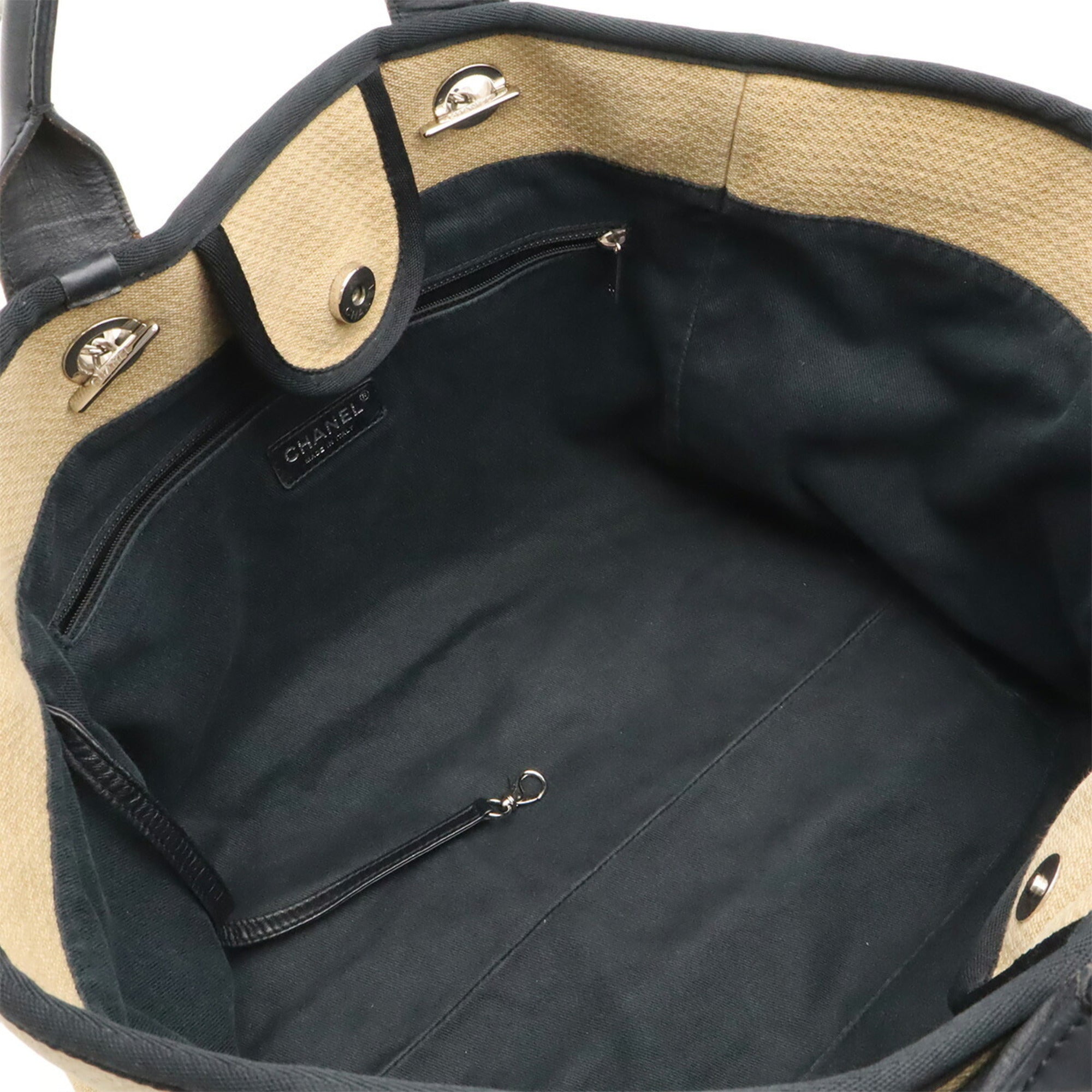 Chanel Beige Black Canvas Shoulder Bag Tote Bag (Pre-Owned)