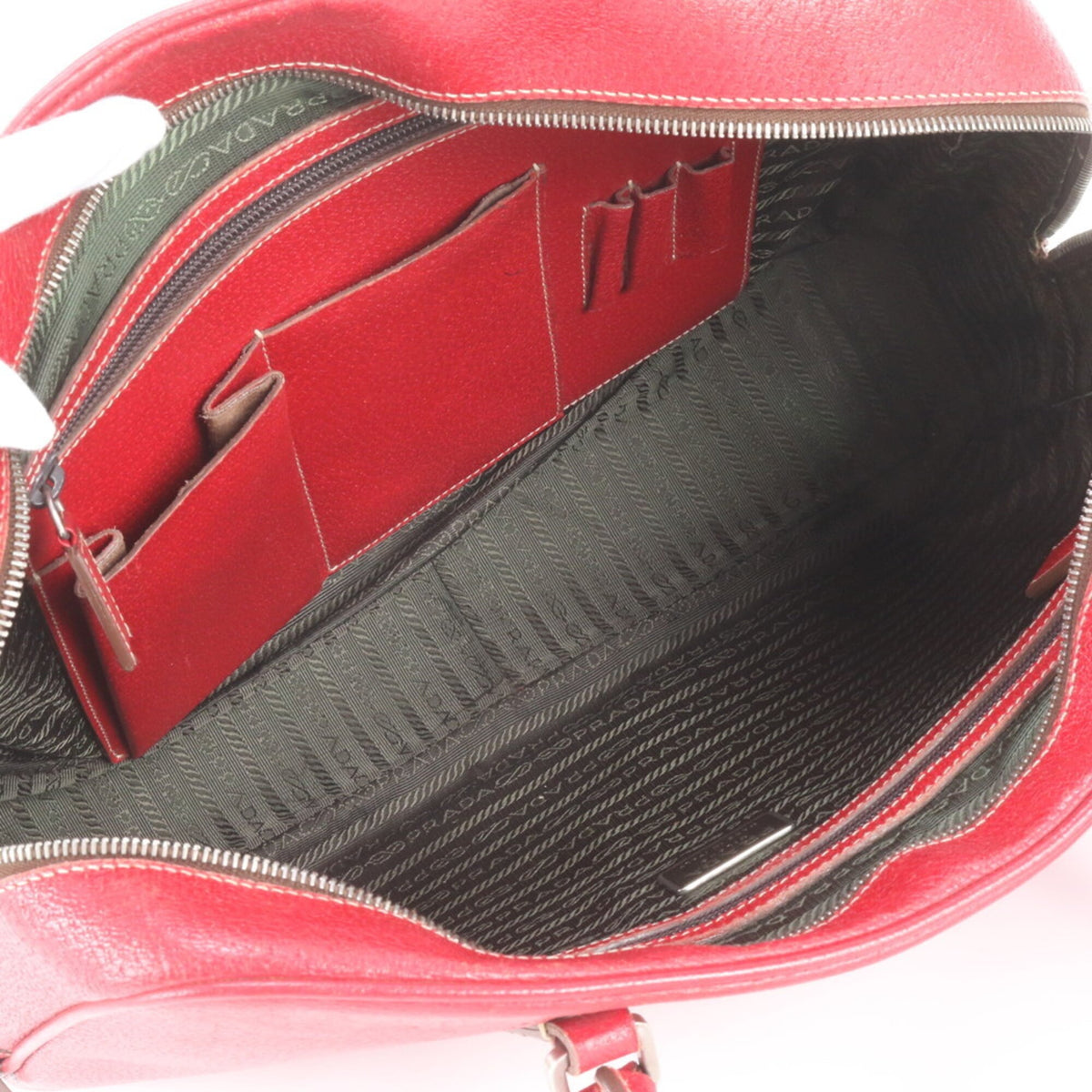 Prada Red Color Leather Boston Bag Tote Bag (Pre-Owned)