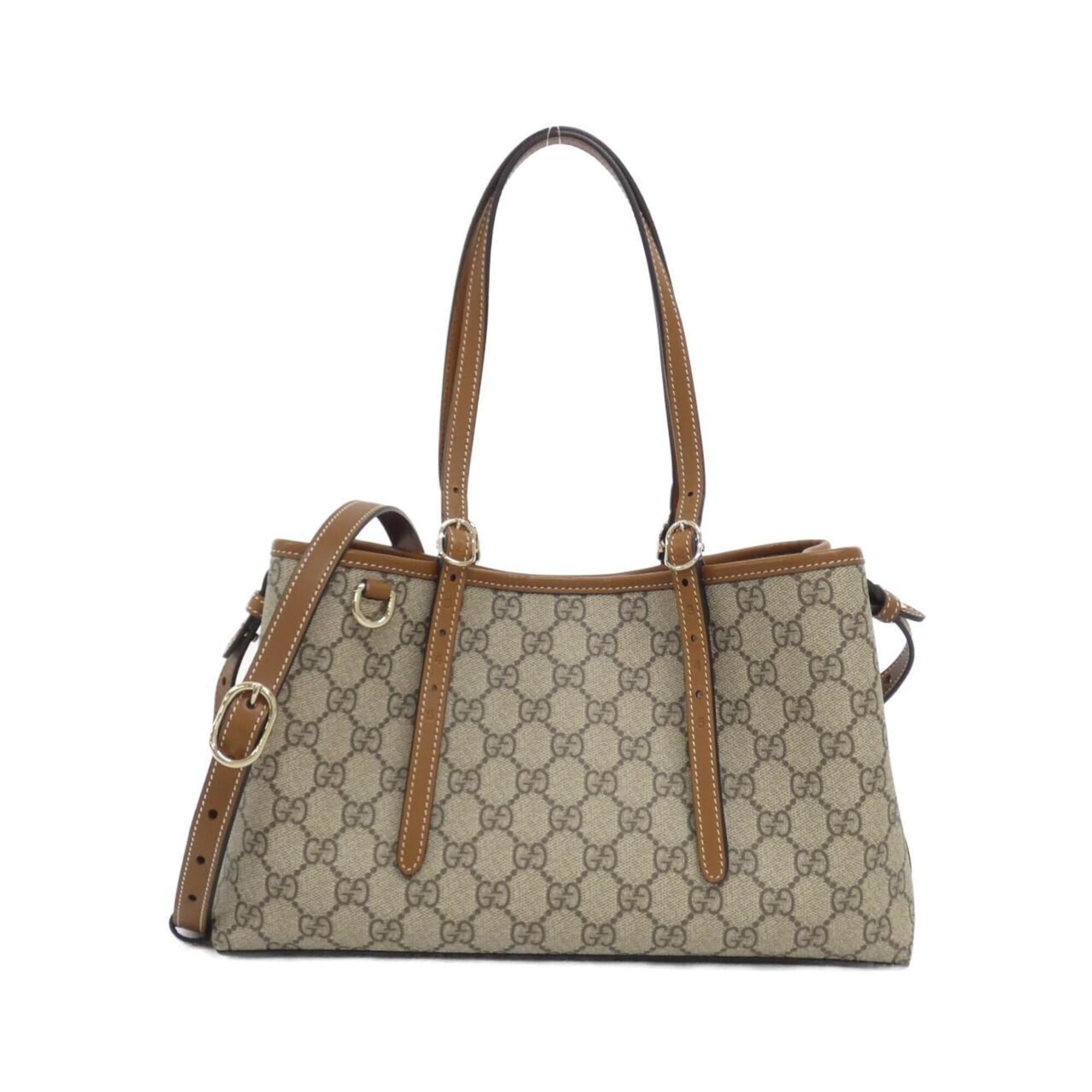 Gucci Beige Dark Brown Coated Canvas Leather Handbag (Pre-Owned)