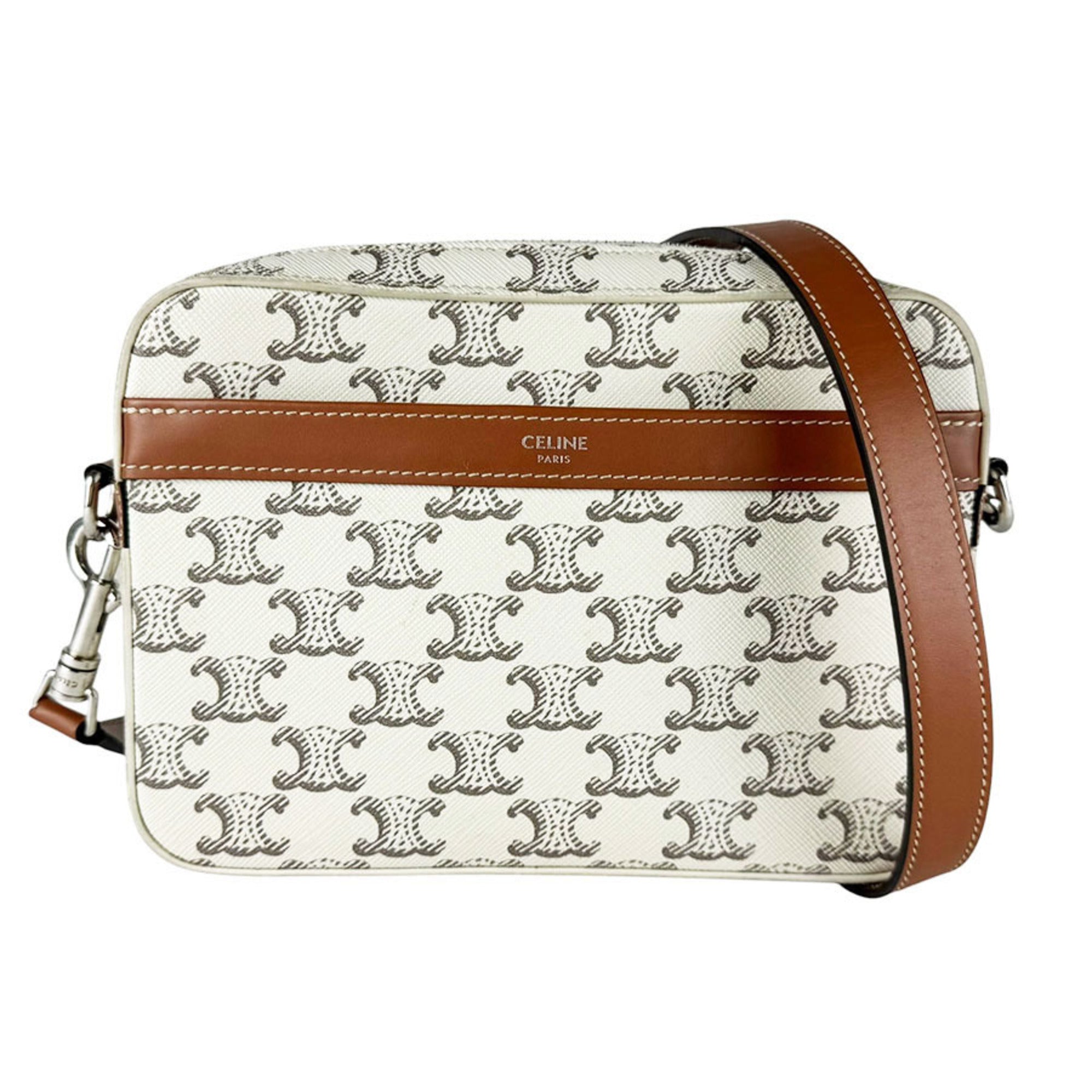 Celine Brown Ivory Coated Canvas Leather Shoulder Bag (Pre-Owned)