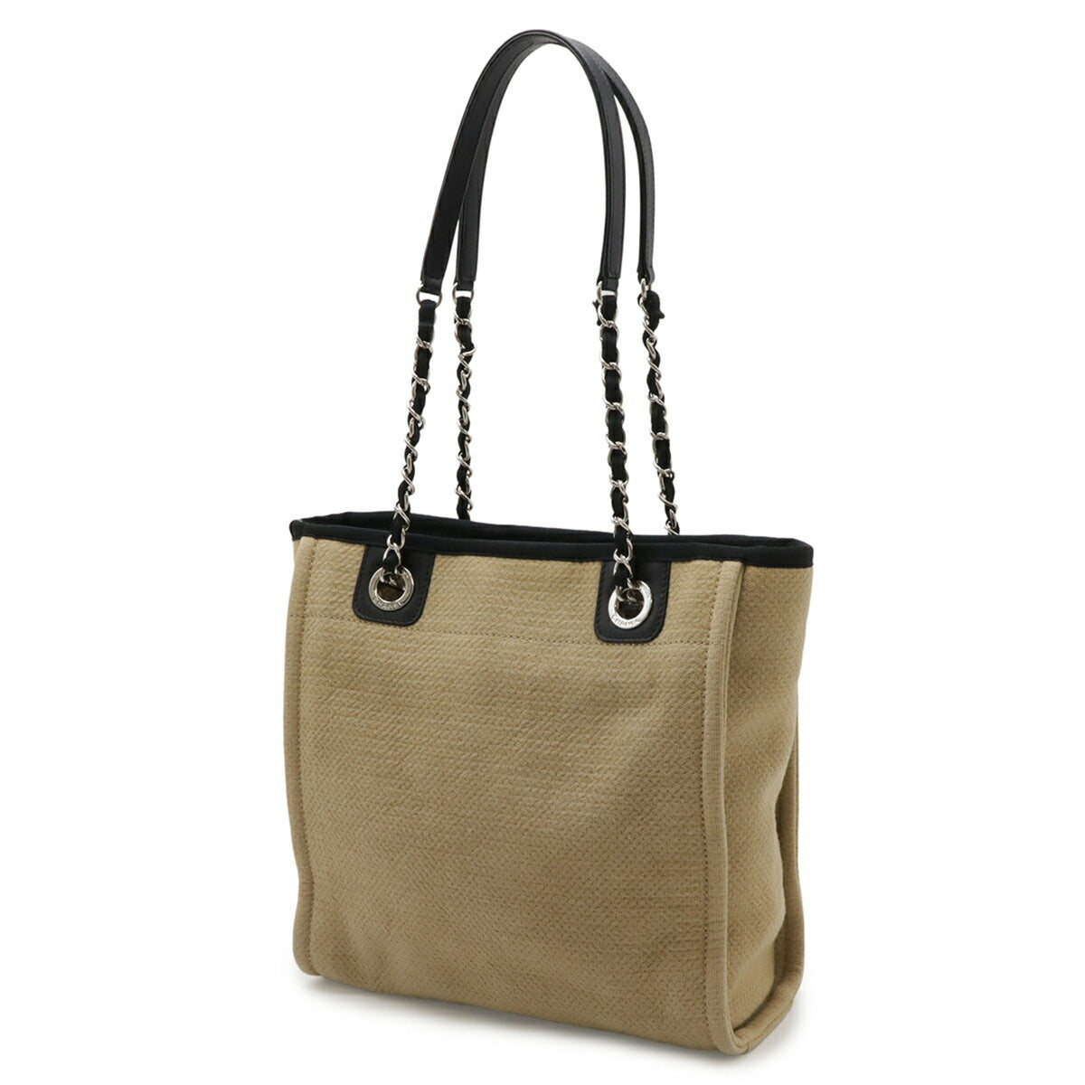 Chanel Beige Black Canvas Shoulder Bag Tote Bag (Pre-Owned)