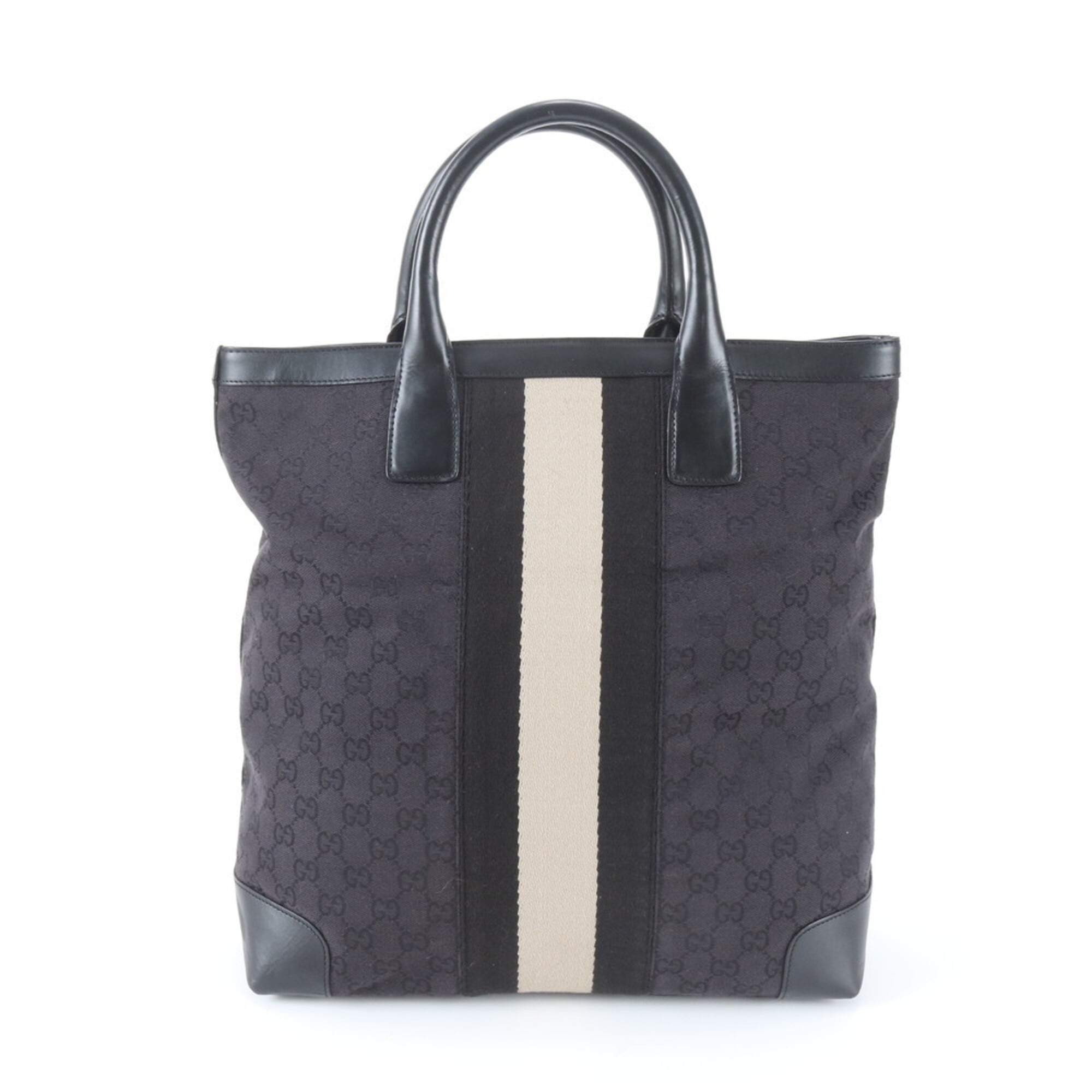 Gucci Beige Black Leather Canvas Shoulder Bag Tote Bag (Pre-Owned)