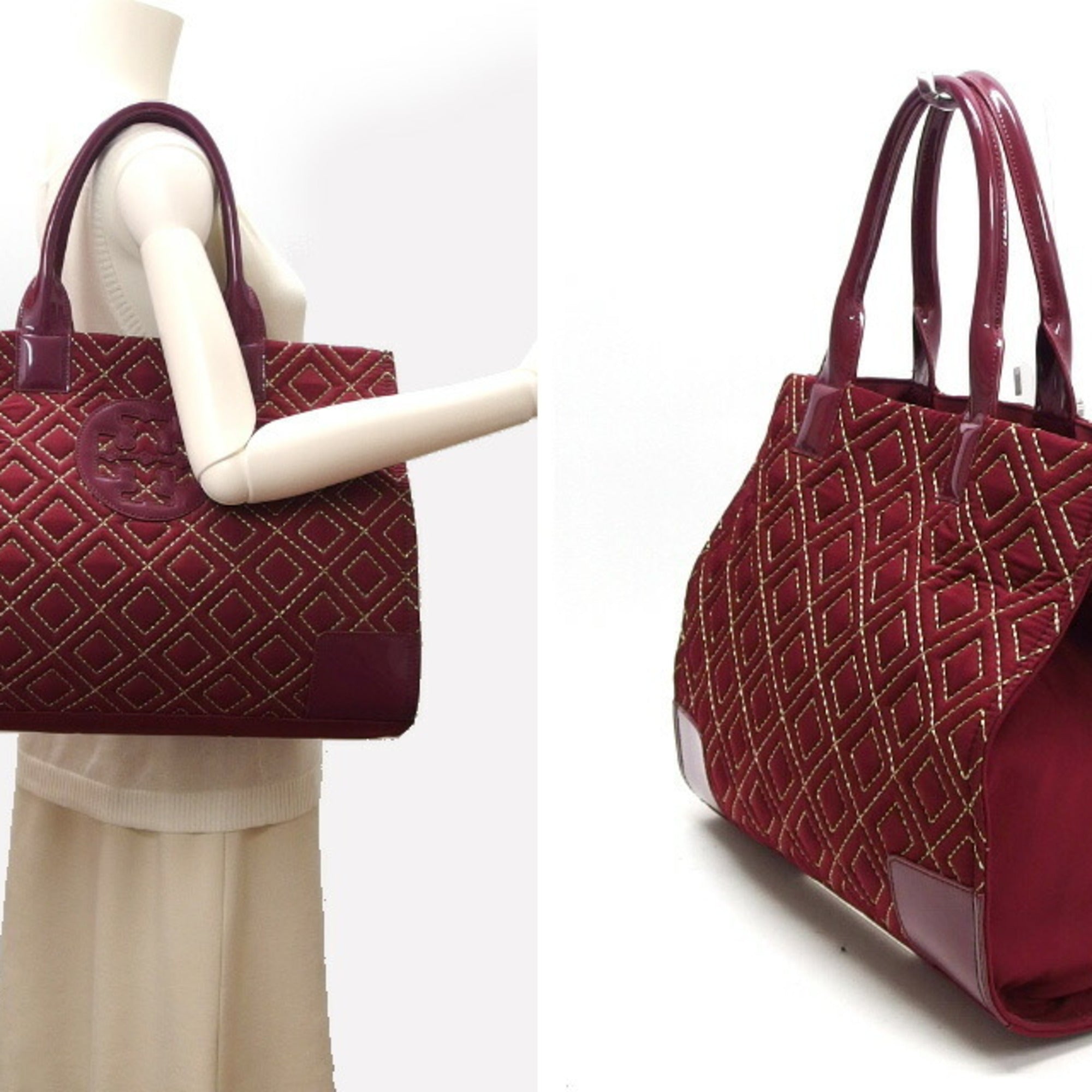Tory Burch Bordeaux Red Color Nylon Patent Leather Leather Shoulder Bag Tote Bag (Pre-Owned)