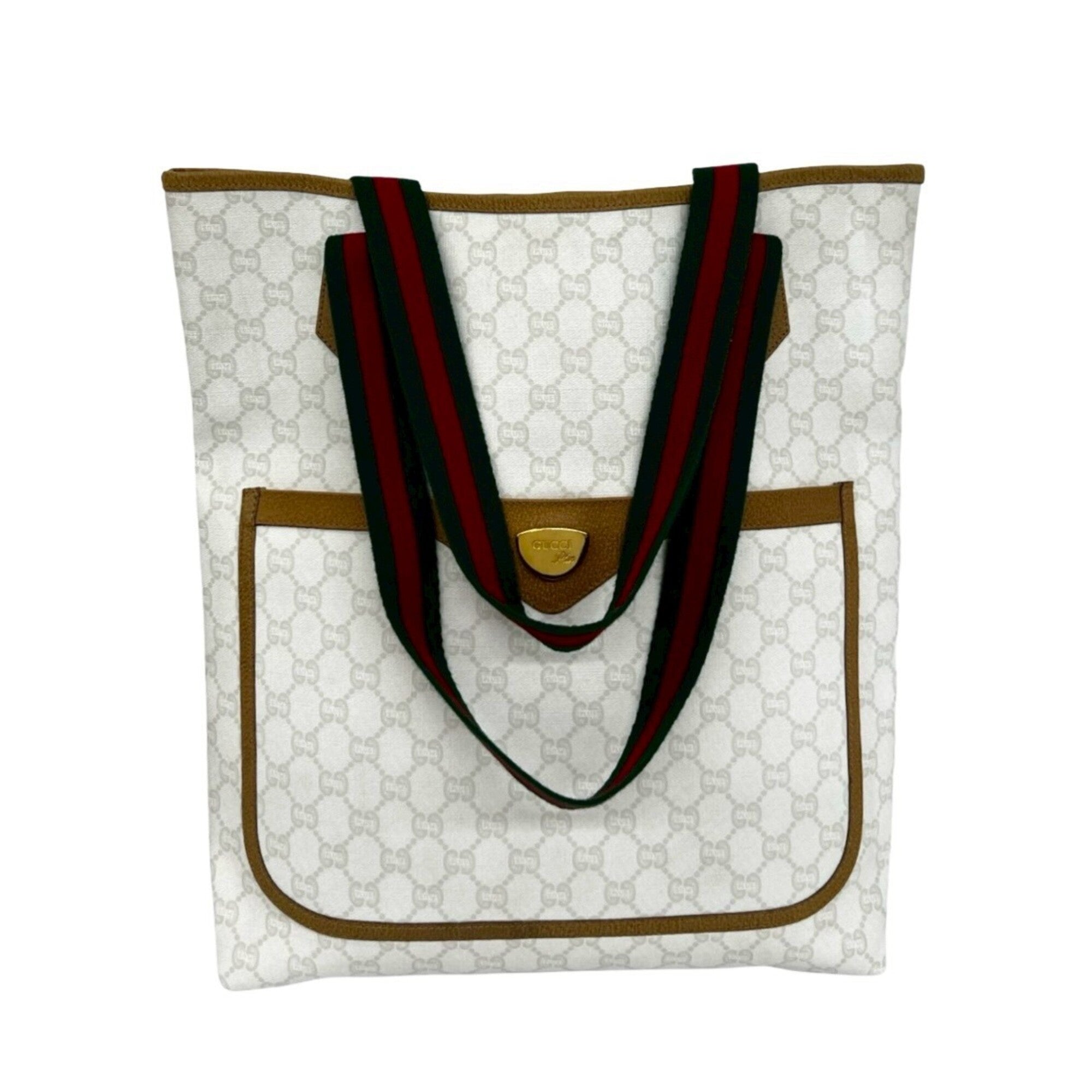 Gucci Brown Green Red Color White Leather Pvc Tote Bag (Pre-Owned)