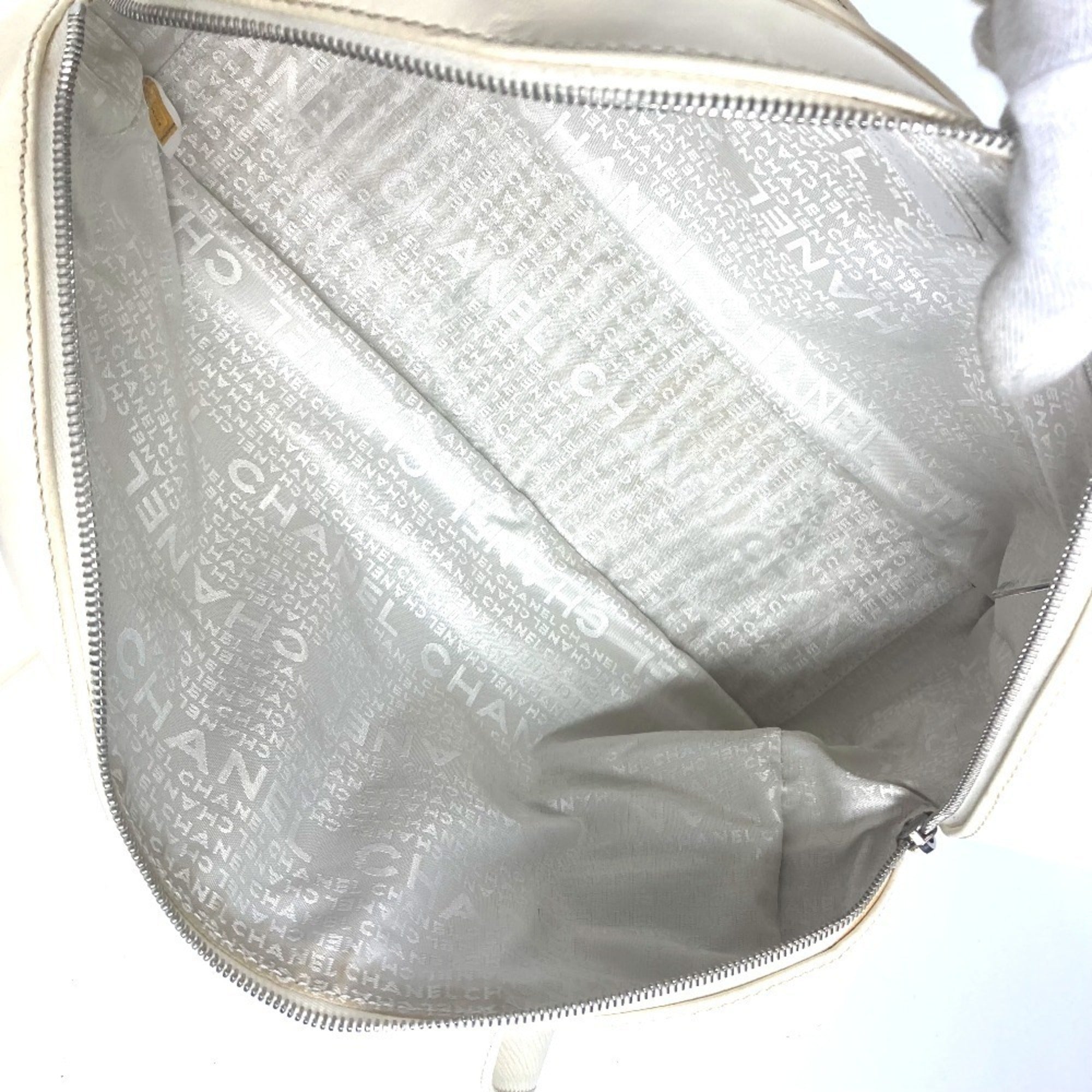 Chanel Beige White Leather Canvas Handbag Shoulder Bag Tote Bag (Pre-Owned)
